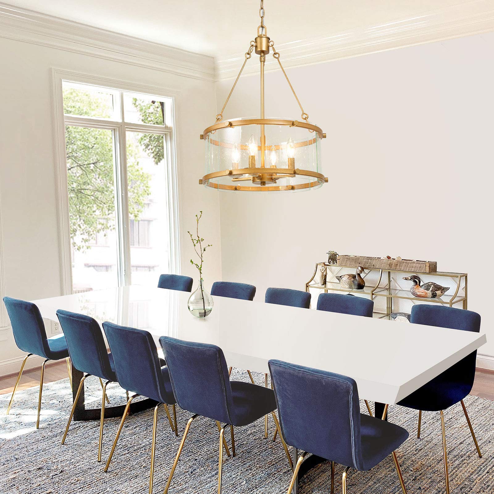 4-Light Gold Drum Chandelier with Seeded Glass Shade - 16.5
