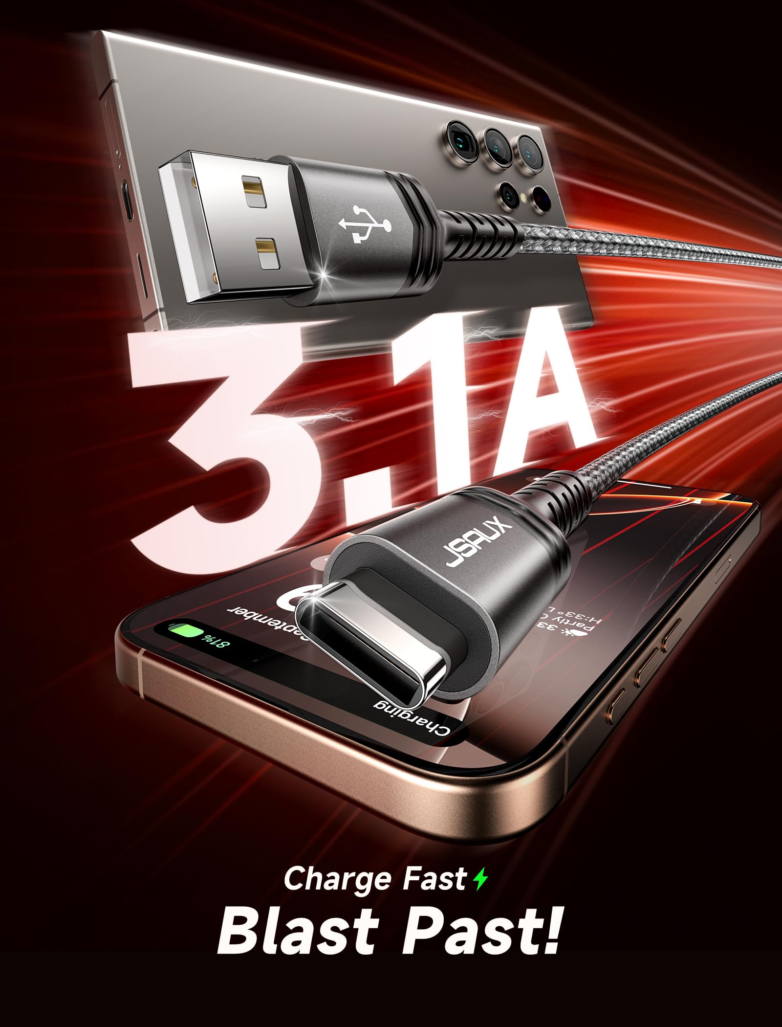 JSAUX USB C to USB A Cable 2-Pack 3.3ft, 3.1A Fast Charging Cable Compatible with iPhone 16/16 Plus/16 Pro/16 Pro Max/15 Series, Samsung Galaxy S20/S10/S9, Note 20/10, CarPlay - Gray | for Home, Office & Car Charging