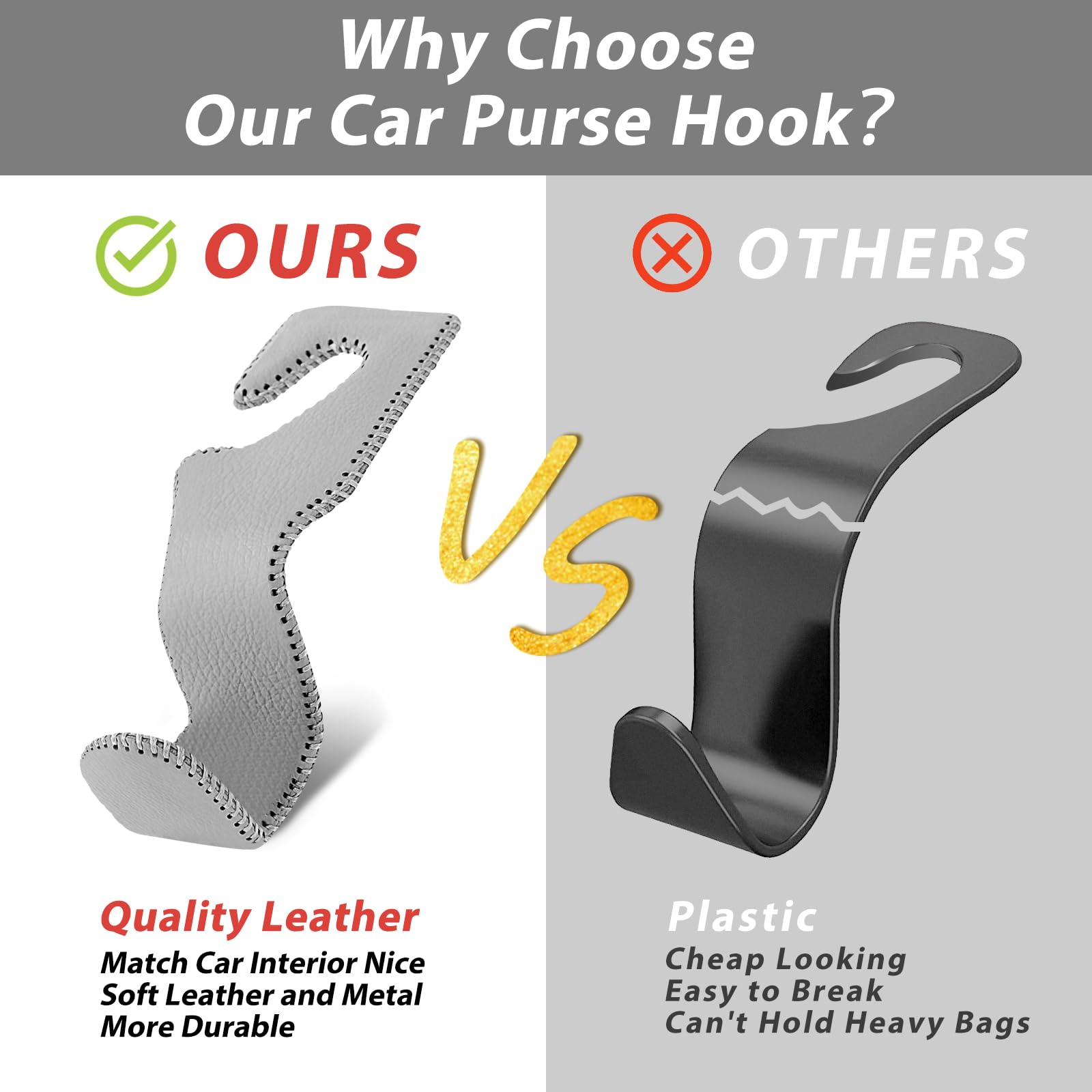 2 Pack Car Purse Hook & Headrest Hanger - Durable Grey Seat Hook Holder for Purses, Bags & Groceries - Perfect Car Accessories for Organization & Shopping Trips