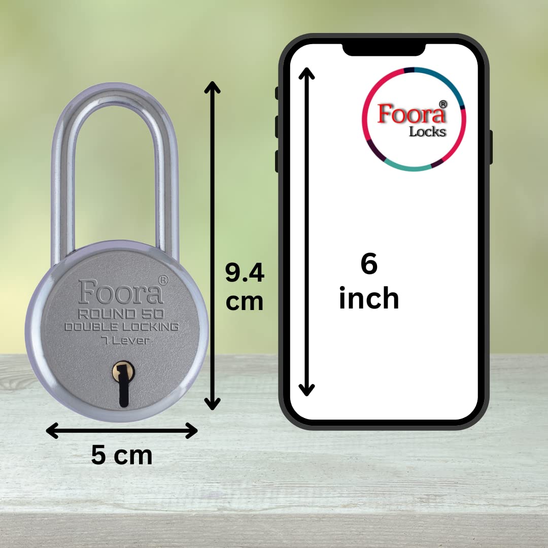 Foora 50mm Round Long Neck Shackle Padlock with 5 Keys - Double Locking 7 Lever Security Lock for Home, Gate, Shutter, Shed, Toolbox & Storage - Durable Outdoor & Indoor Use for Enhanced Protection
