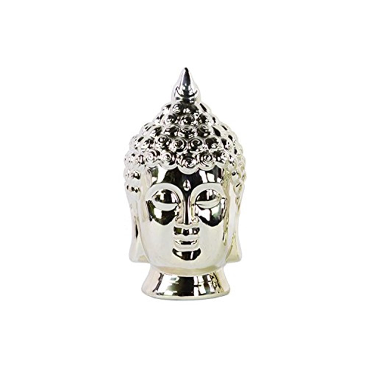 Polished Chrome Ceramic Buddha Head Statue with Pointed Ushnisha - Champagne & White Finish for Home Decor, Meditation Room & Zen Garden
