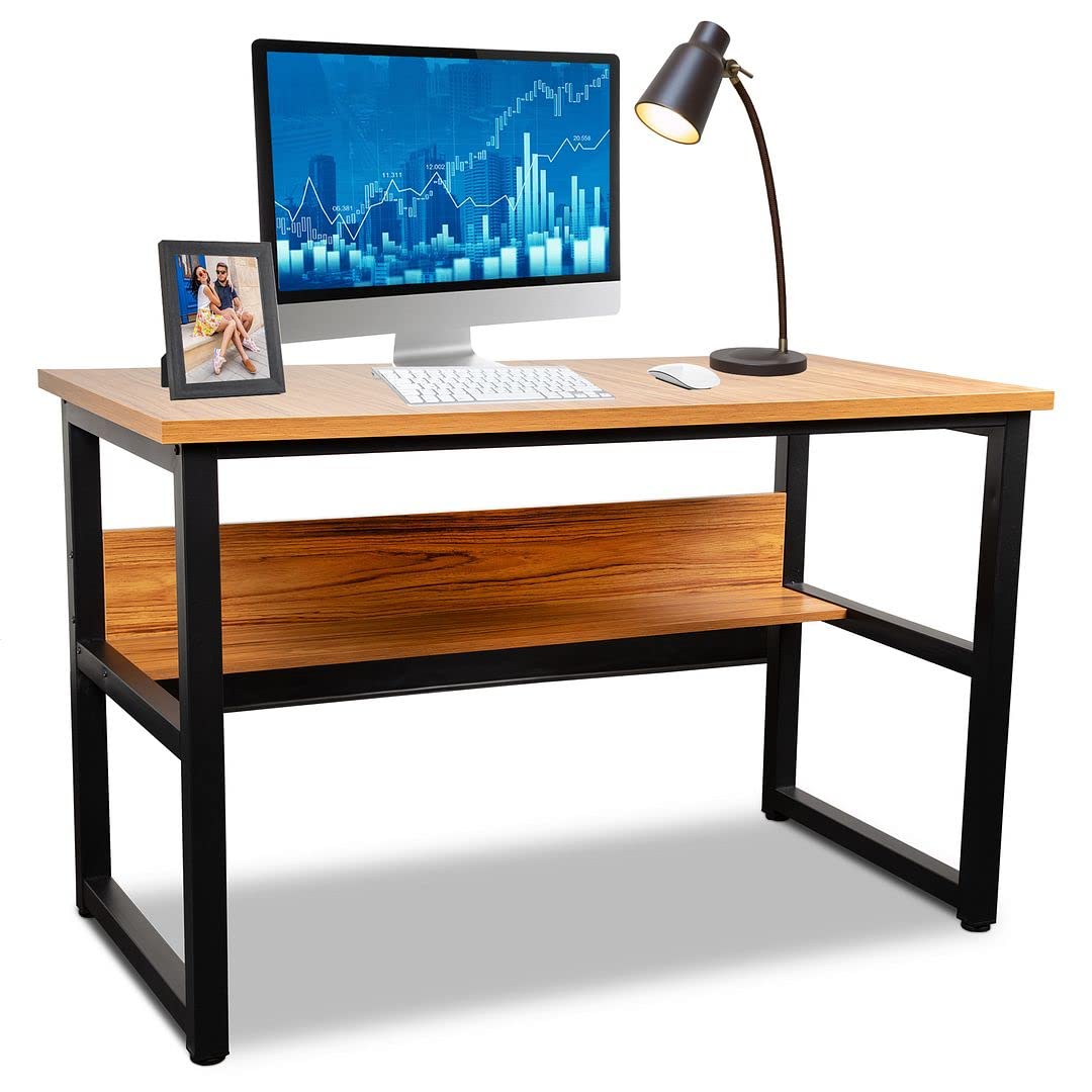 Vintage Wood & Black Metal Frame Computer Desk with Storage Shelves - 47 Inch Home Office Desk for PC, Monitor, Gaming & Study | Perfect for Small Spaces, Dorm Rooms & Workstations