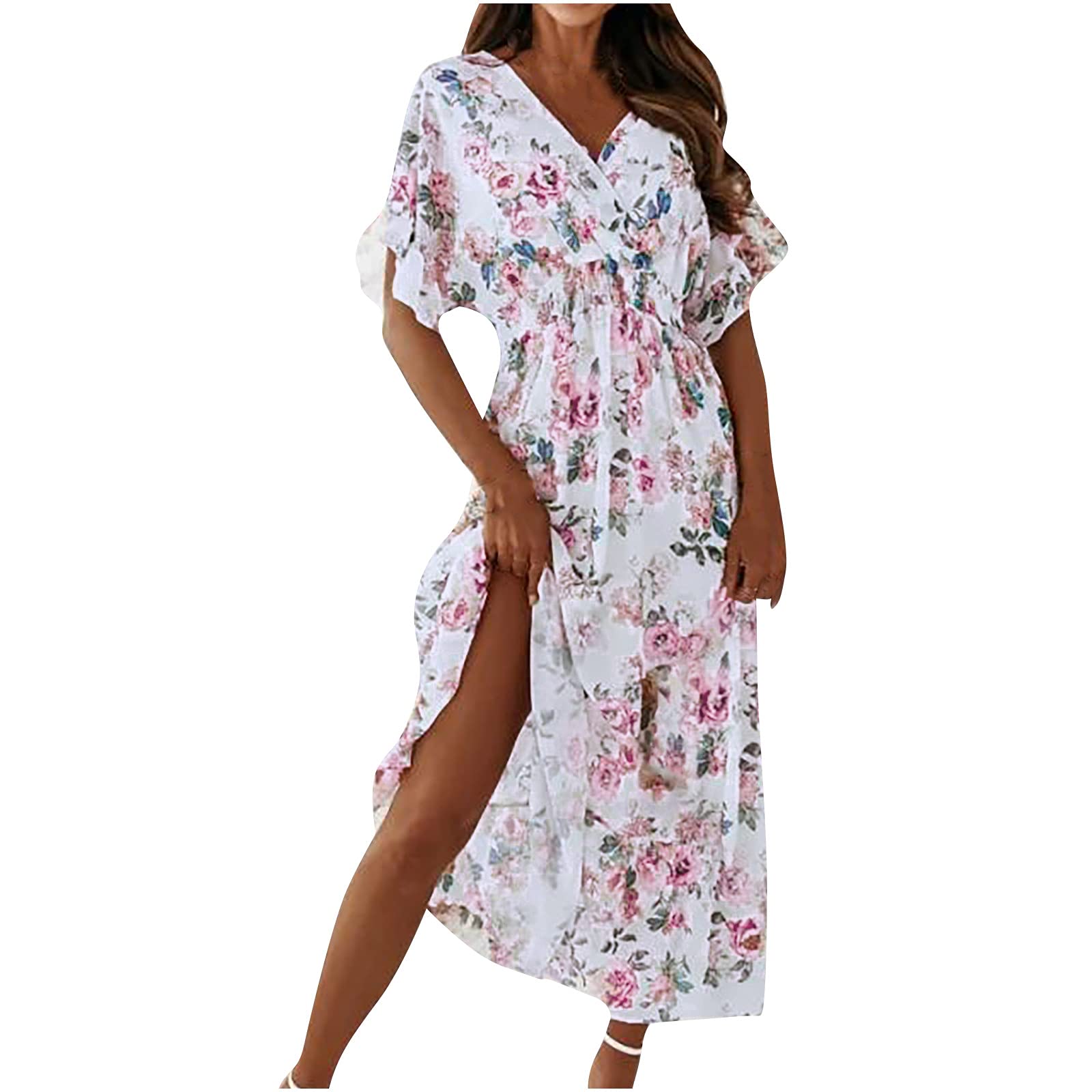 Women's Floral Summer Wrap Midi Dress with Sleeves - Flowy Party Sundress with Side Slit & Deep V Neck - Perfect for Beach Vacations, Garden Parties & Date Nights