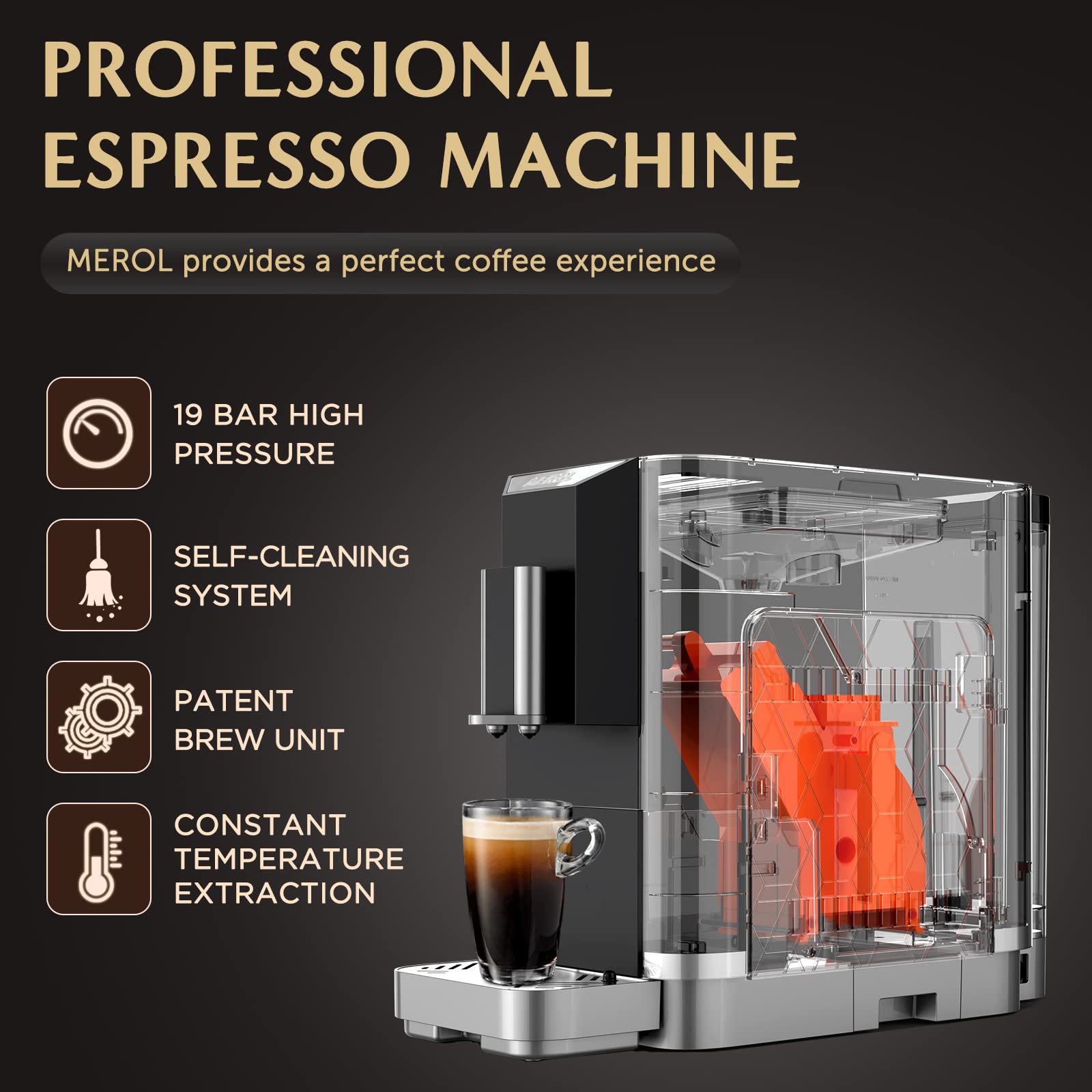 Fully Automatic Espresso Coffee Machine with Touch Screen - 19 Bar Pressure, Built-in Adjustable Grinder, Compact Home & Office Coffee Maker (ME-720, Grey/Silver) - Perfect for Coffee Lovers, Baristas & Small Cafes