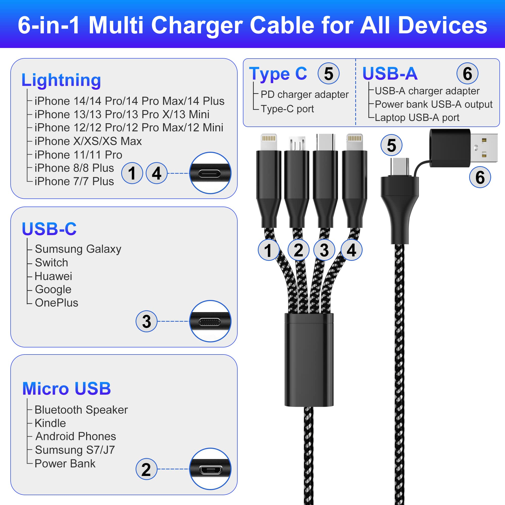 4-in-1 USB C Multi Charger Cable with Fast Charging | 3M/10Ft MFi Certified | USB A/USB C to Micro USB + Type C + 2 Lightning | Universal Charging for iPhone, Android, Tablets | Perfect for Home, Office & Travel