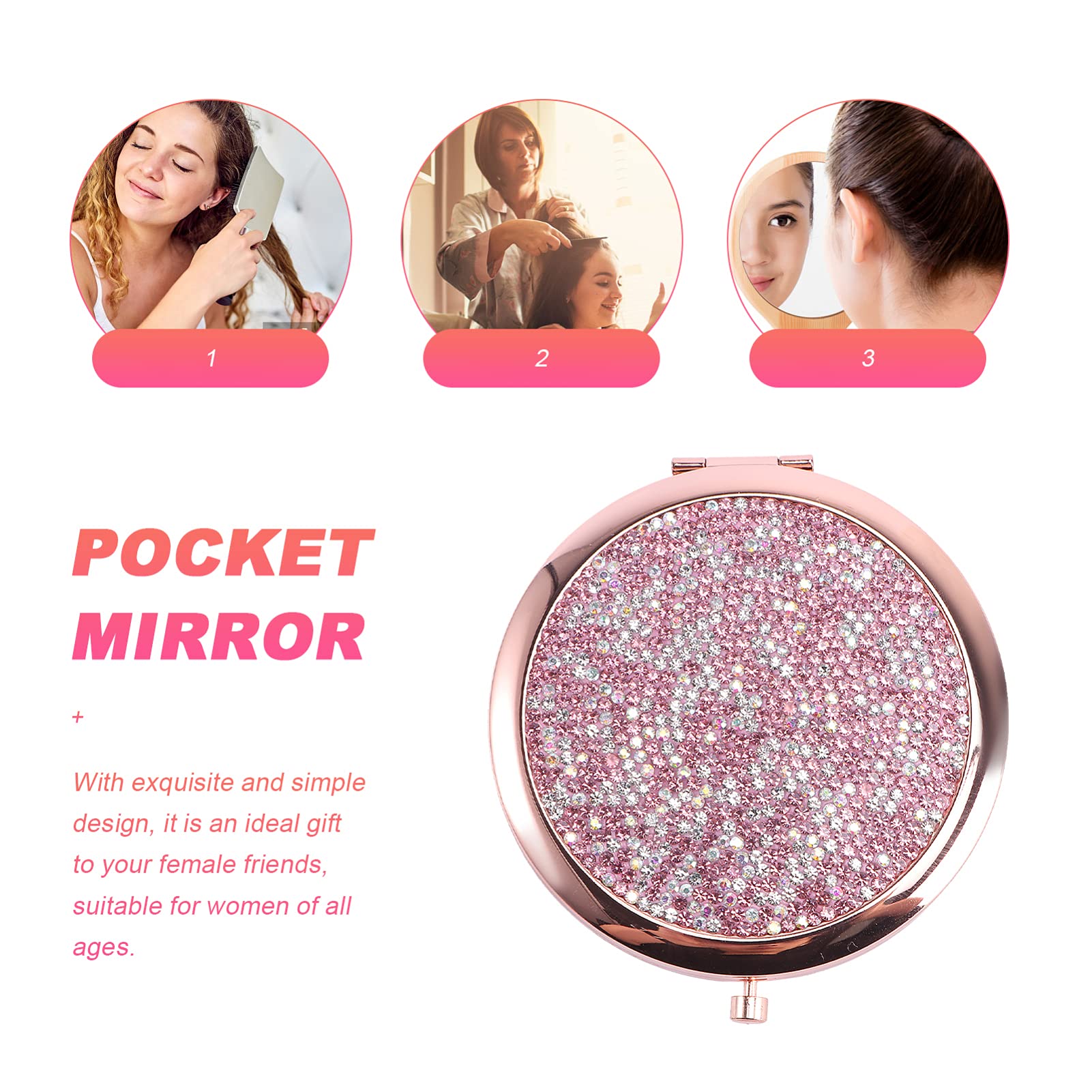 HEALLILY Compact Folding Makeup Mirror with Rhinestones - Portable Travel Cosmetic Mirror for Women & Girls, Pink Handheld Mirror for Purse, Gym, Office & On-the-Go Touchups