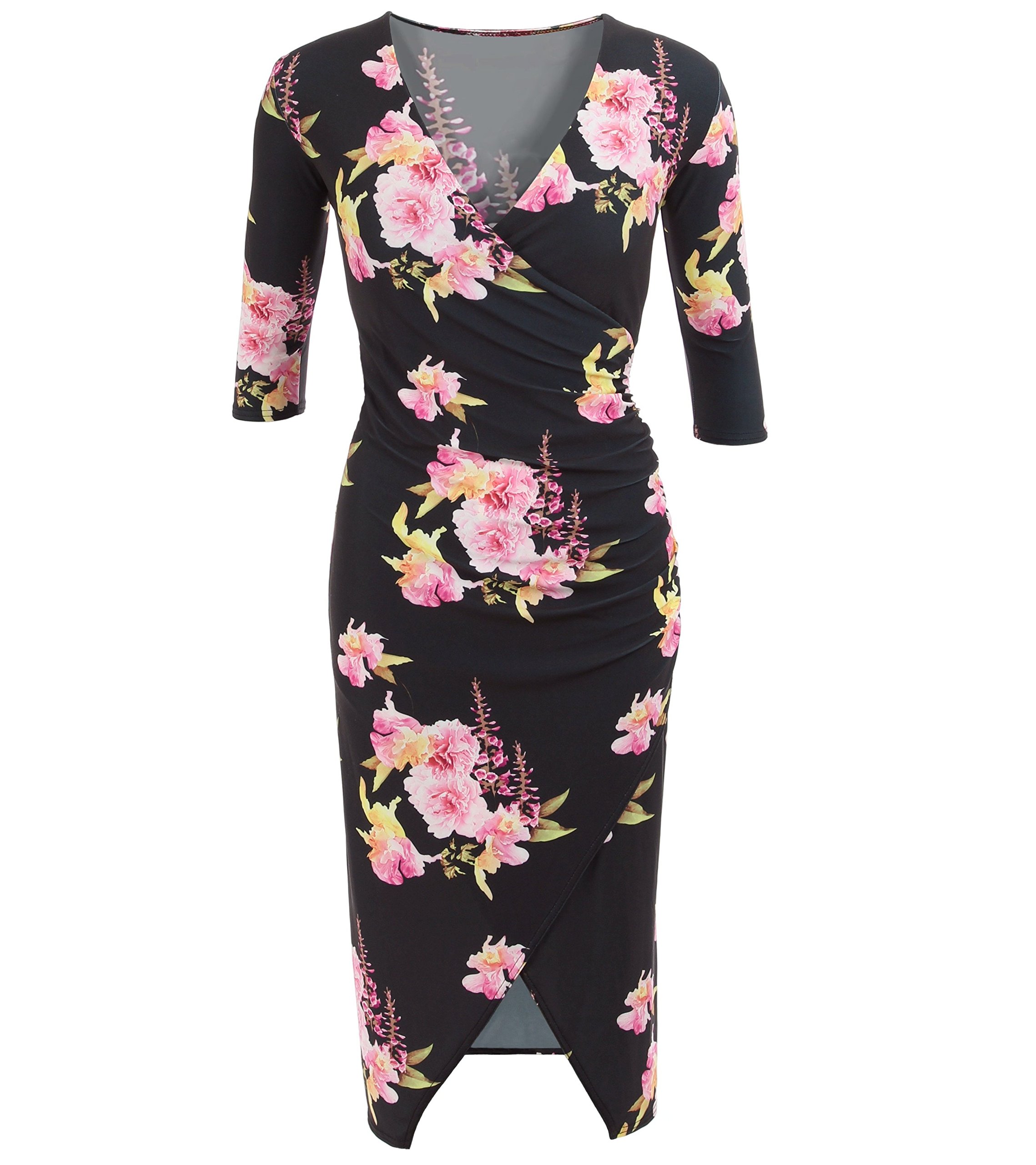 Women's Black & Pink Mock Wrap Dress - Casual & Office Wear