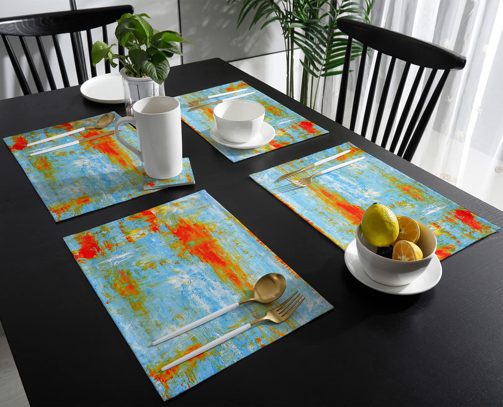 Abstract Geometric Graffiti Art Cotton Linen Placemats Set of 4 - Orange Red Blue Oil Painting Design for Square/Rectangle/Round Dining Tables - Waterproof Kitchen Table Mats for Holiday Decor & Dinner Parties