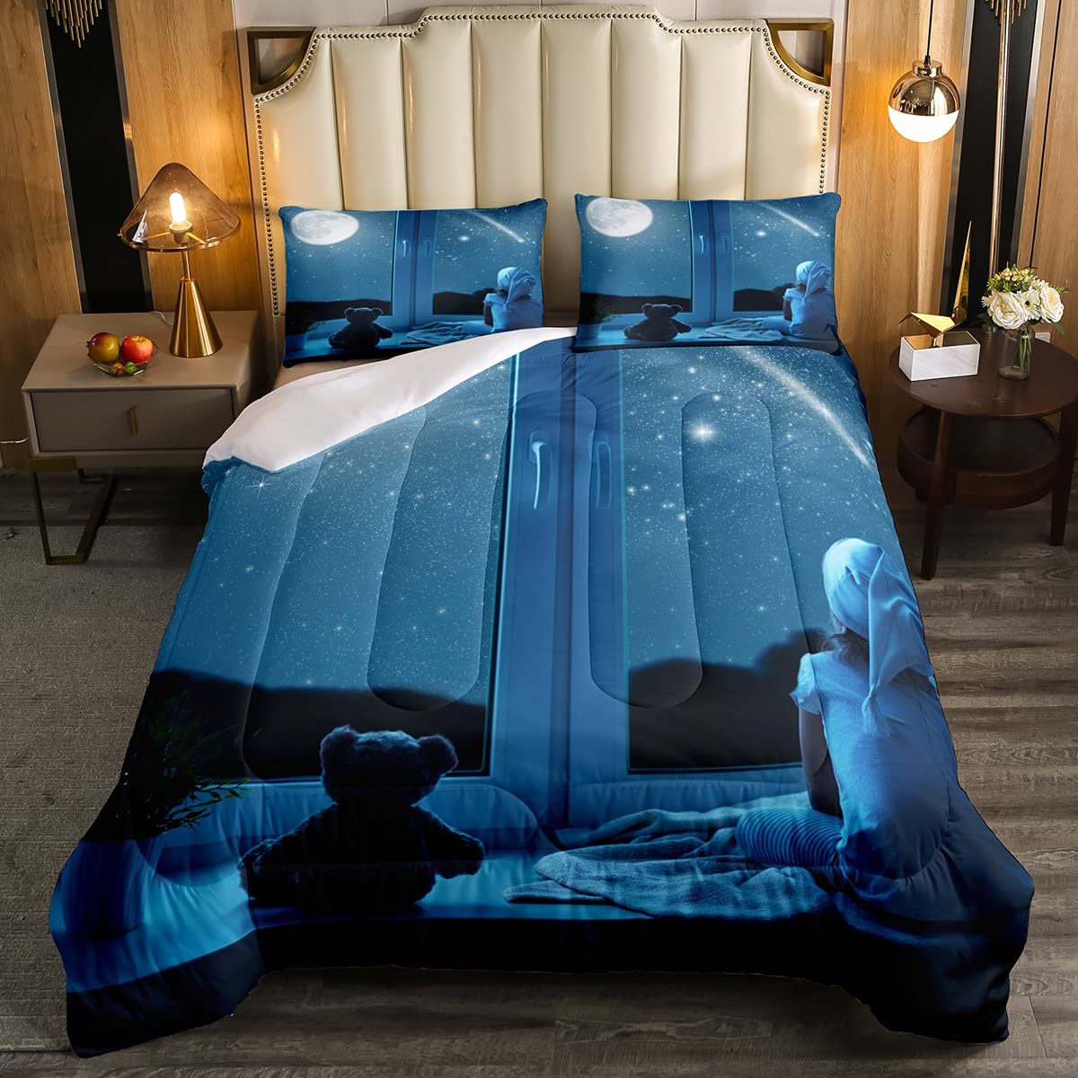 Moon Comforter Set - Twin Size Starry Galaxy Print Down Alternative Duvet with Pillowcase | Soft All-Season Bedding for Kids & Teens | Perfect for Nursery, Dorm Room or Cozy Bedroom Decor