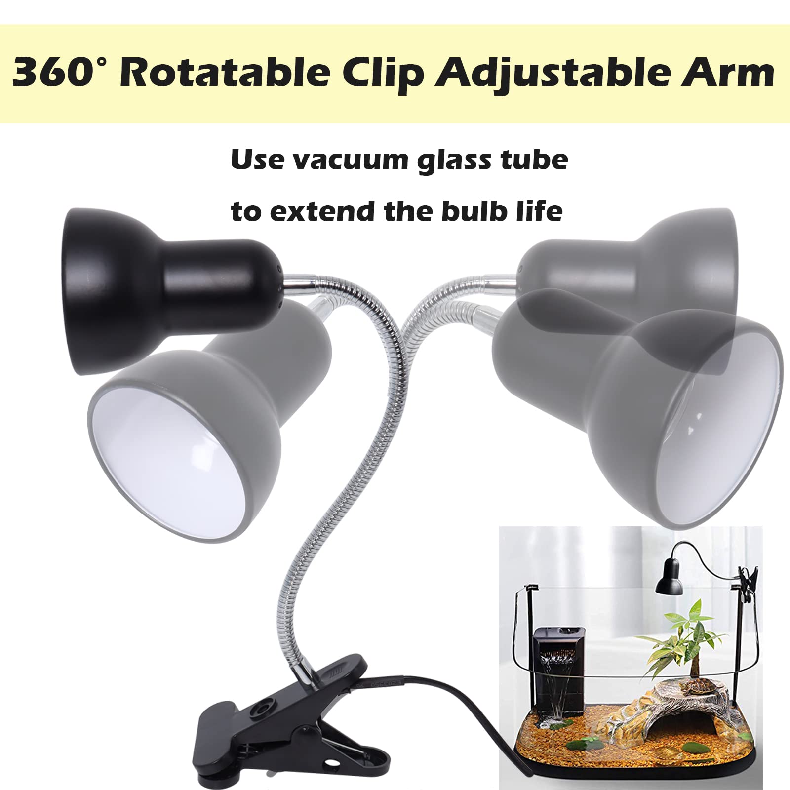 Swess UVA Reptile Heat Lamp - 360° Adjustable Basking Spot Light with Clip Holder & Switch for Lizards, Turtles, Snakes & Amphibians | Includes 2 Heat Bulbs | Perfect for Terrariums, Aquariums & Reptile Habitats