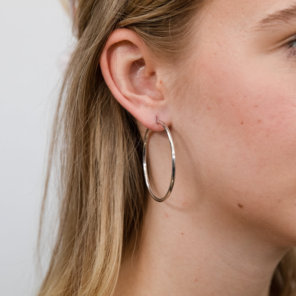 9ct White Gold Plain 40mm Hoop Earrings for Women - Elegant Everyday Wear & Special Occasions