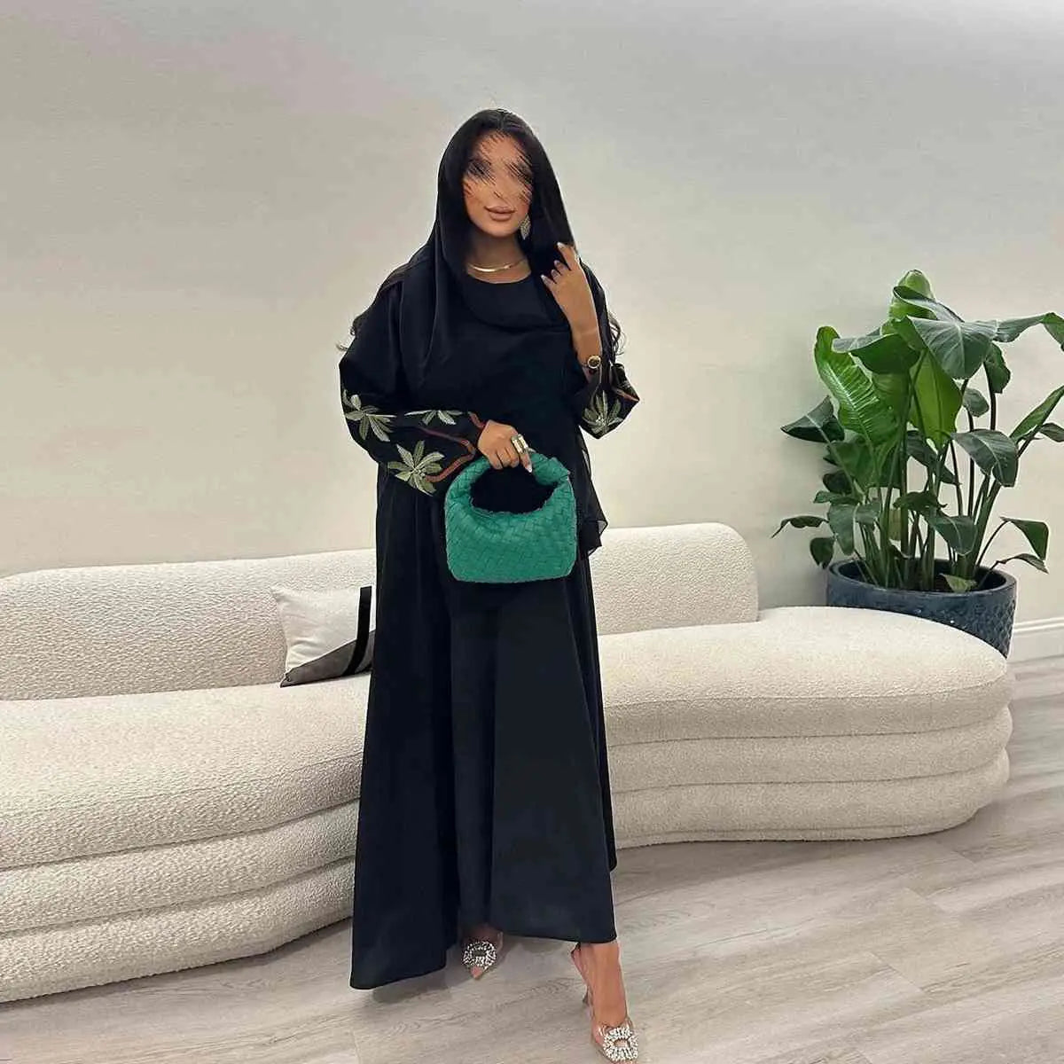 Elegant Muslim Women's Embroidery Nida Cardigan Open Abaya Dress - Modest Islamic Fashion for Prayer, Mosque & Special Occasions