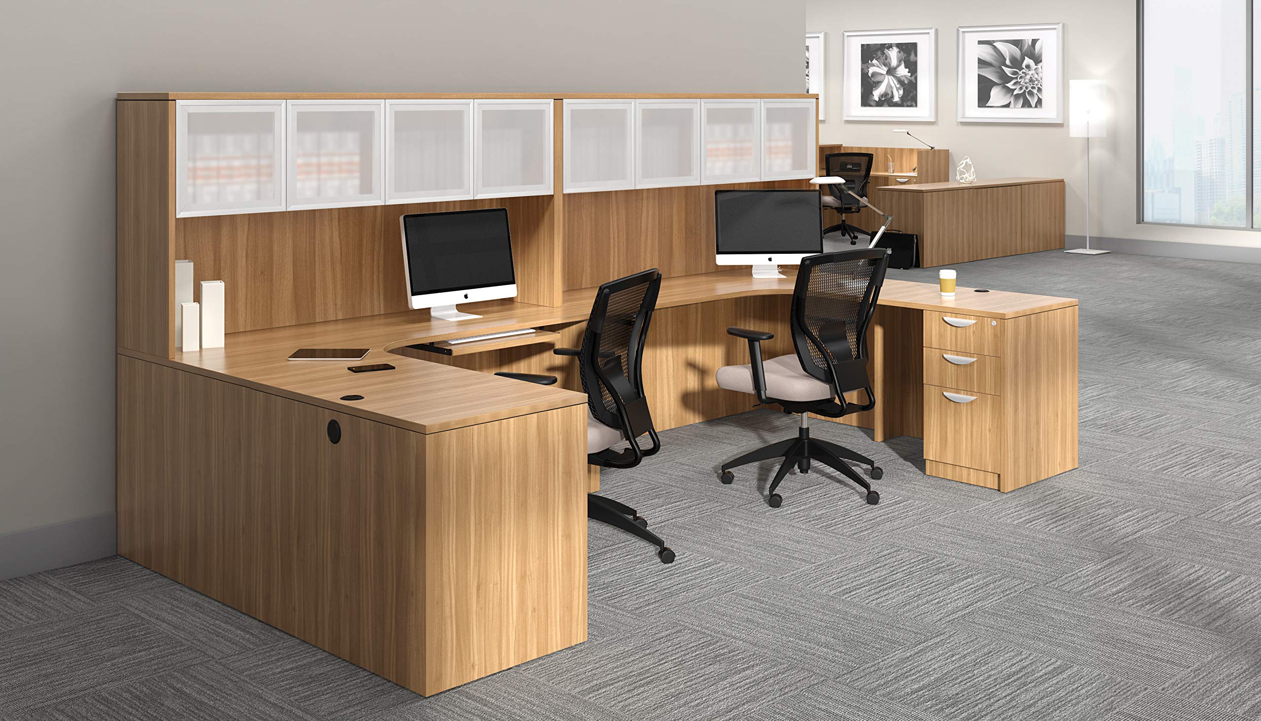 GOF Double 4 Person Workstation Cubicle (11'D x 12'W) - Office Partition & Room Divider with Walnut Finish - Perfect for Open Office Spaces, Coworking Areas & Home Offices