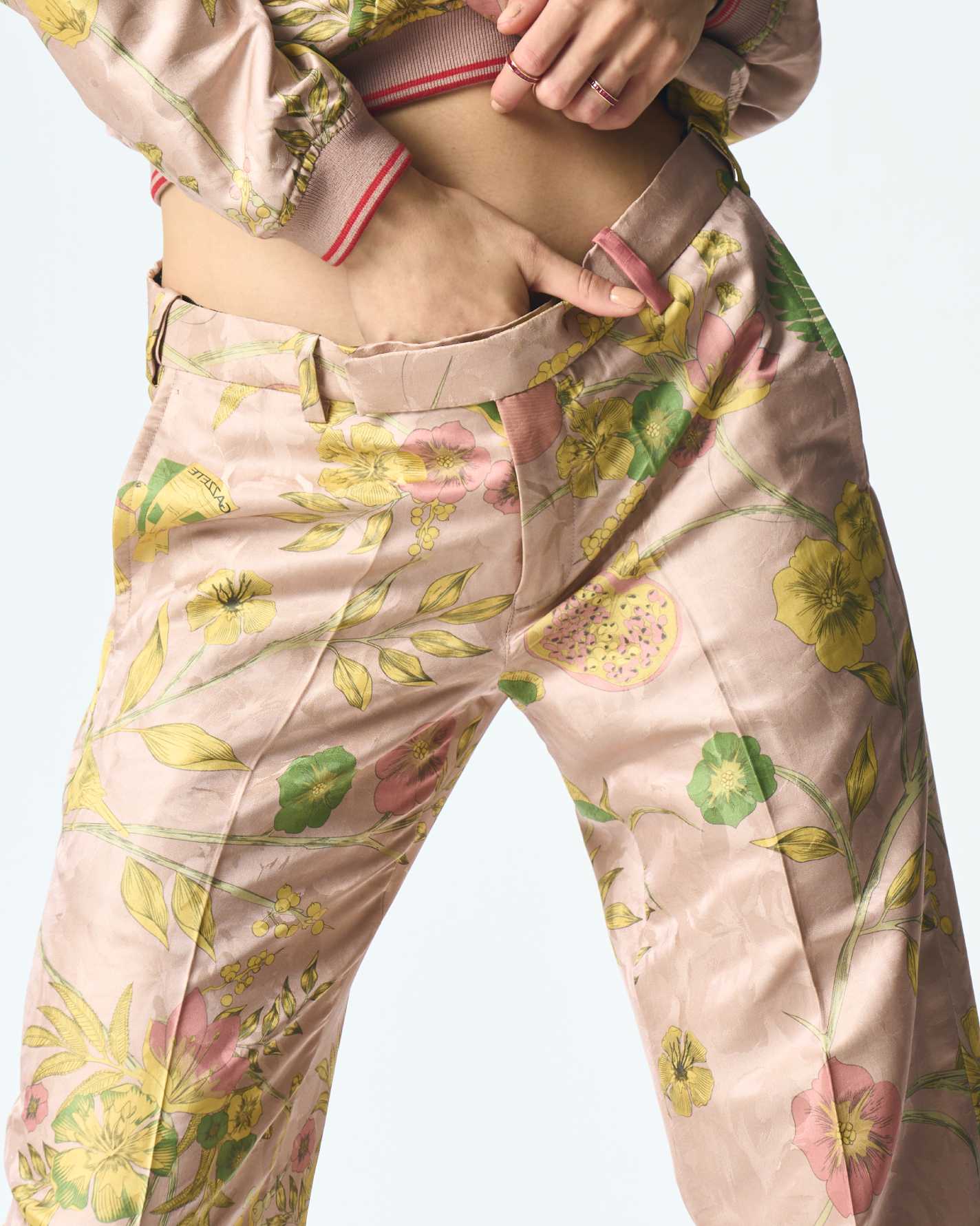 Champagne Pink Silk Damask Straight Fit Trousers for Women - Elegant Formal Pants for Office, Evening Events & Special Occasions