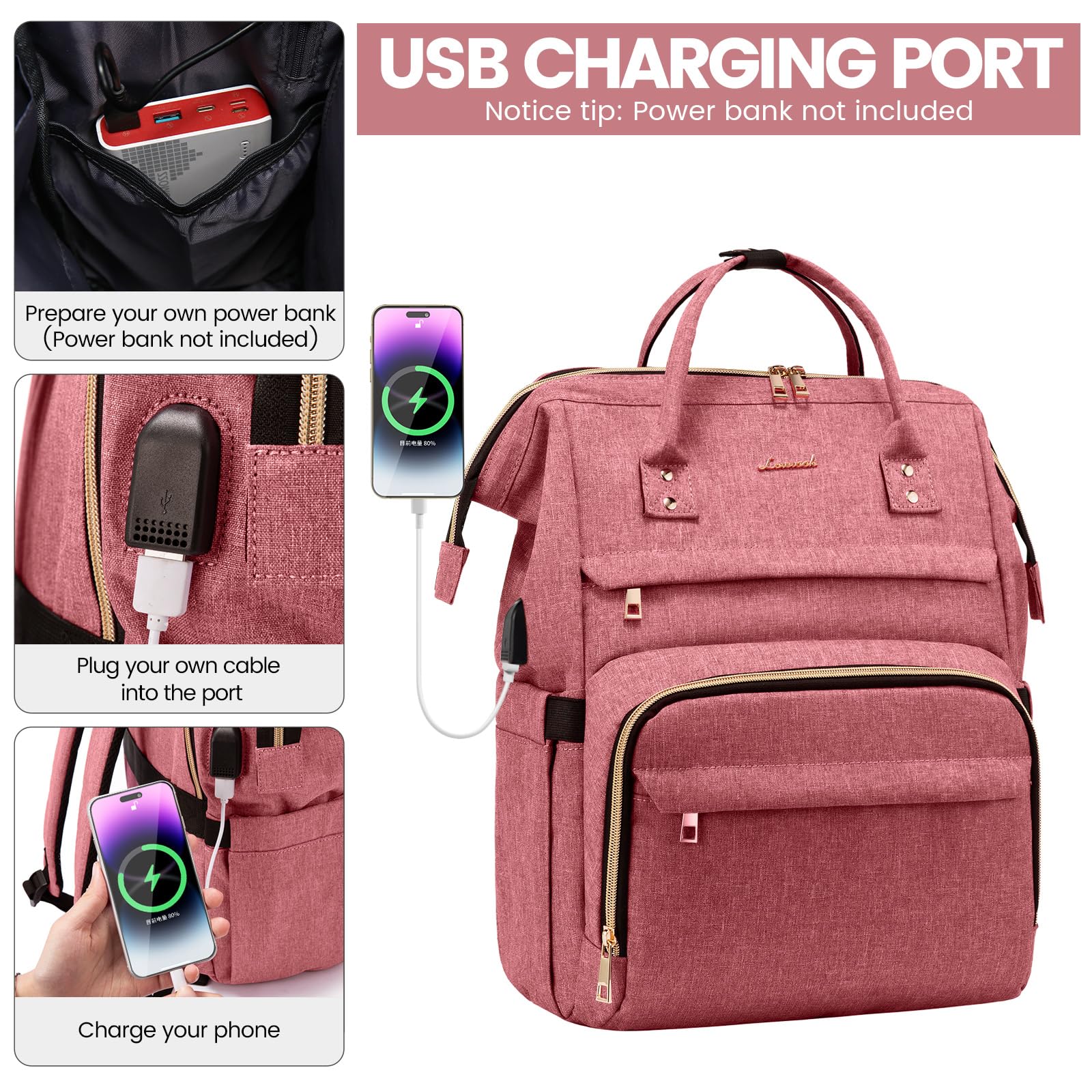 LOVEVOOK 17 Inch Laptop Backpack for Women - Waterproof USB Charging Travel Backpack, Professional Work Bag for College, Nurse & Teacher - Light Red | Perfect for Business Trips, Commuting & School Use