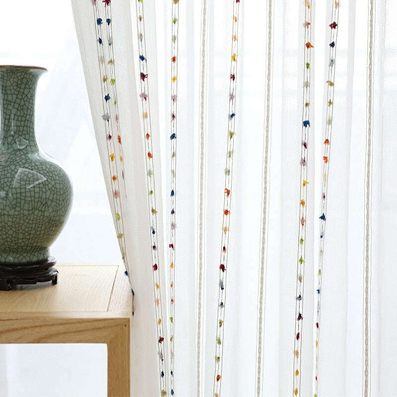 Rémy Colorful String Stitched Sheer Curtains - White Window Drapes for Living Room & Bedroom | Light Filtering Privacy Curtains with Decorative Stitching
