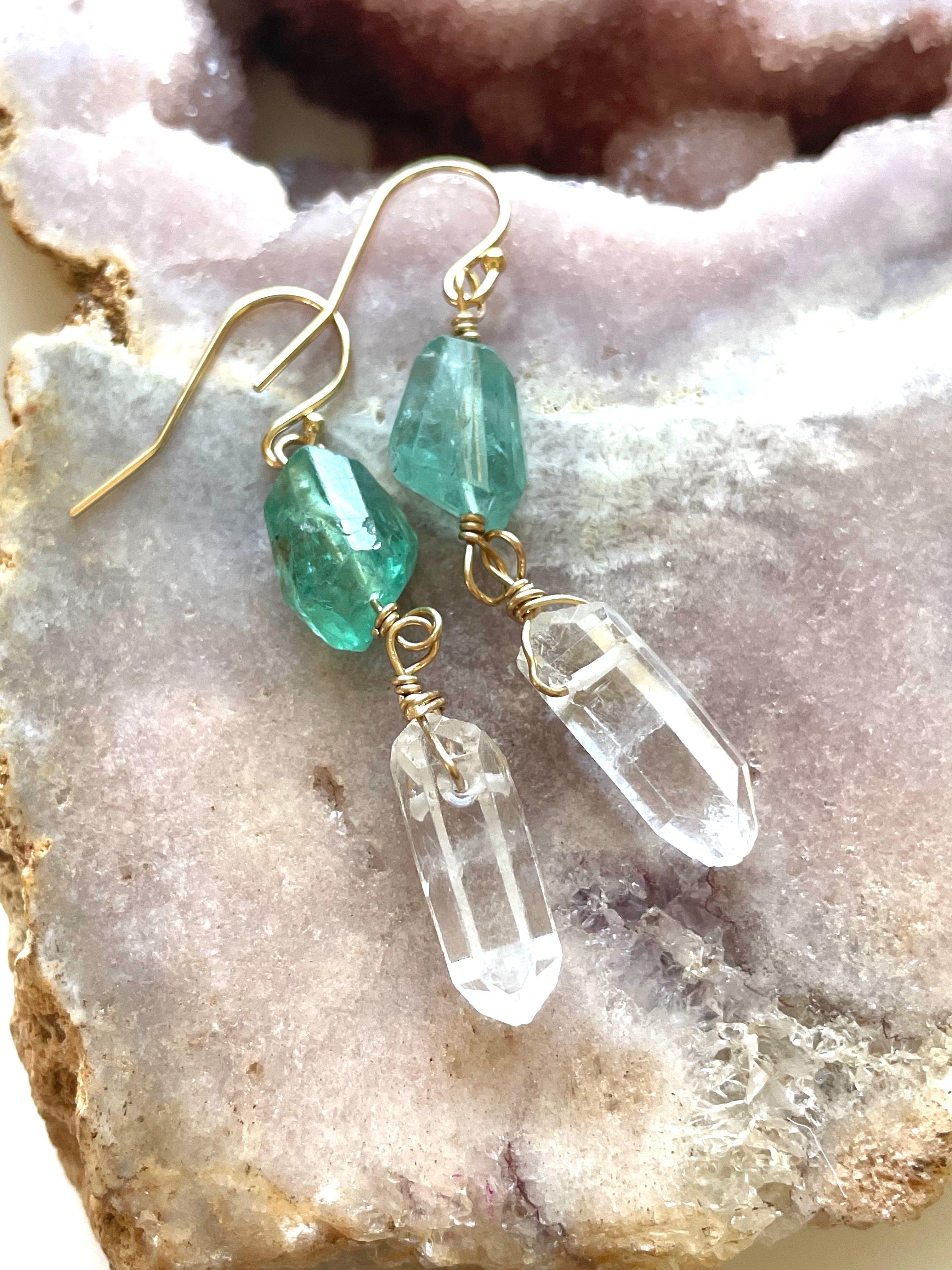 Natural Apatite & Clear Quartz Crystal Earrings in 14K Gold Fill - Elegant Healing Jewelry for Women, Perfect for Everyday Wear, Meditation & Gifting