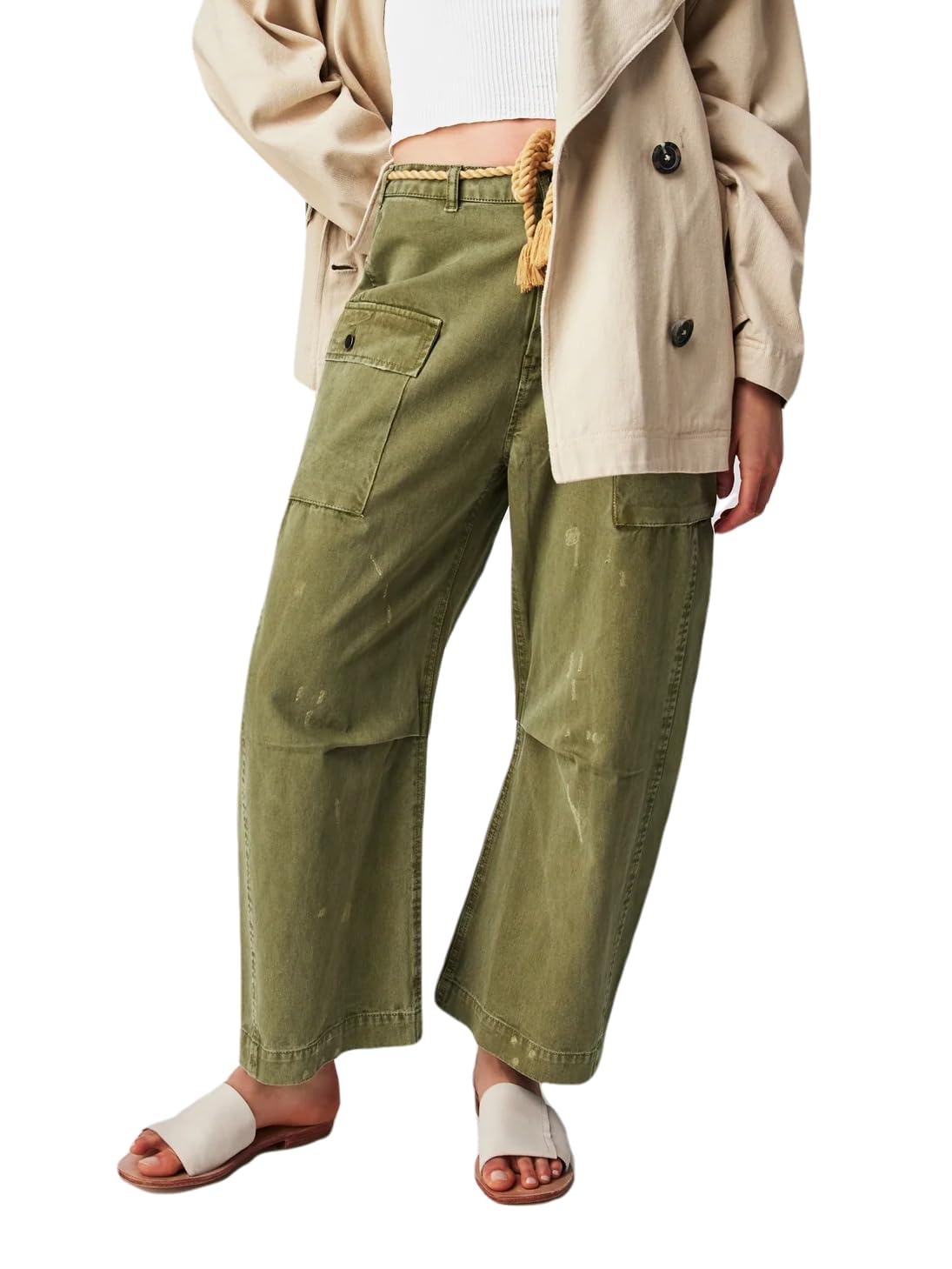 Women's Baggy Cargo Jeans - Distressed Wide Leg Denim Pants for Casual Wear