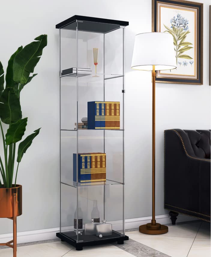 Glass Display Cabinet with 4 Shelves and Doors - Floor Standing Curio Bookshelf for Living Room, Bedroom, or Office - Perfect for Showcasing Collectibles, Books, and Decor (Black)