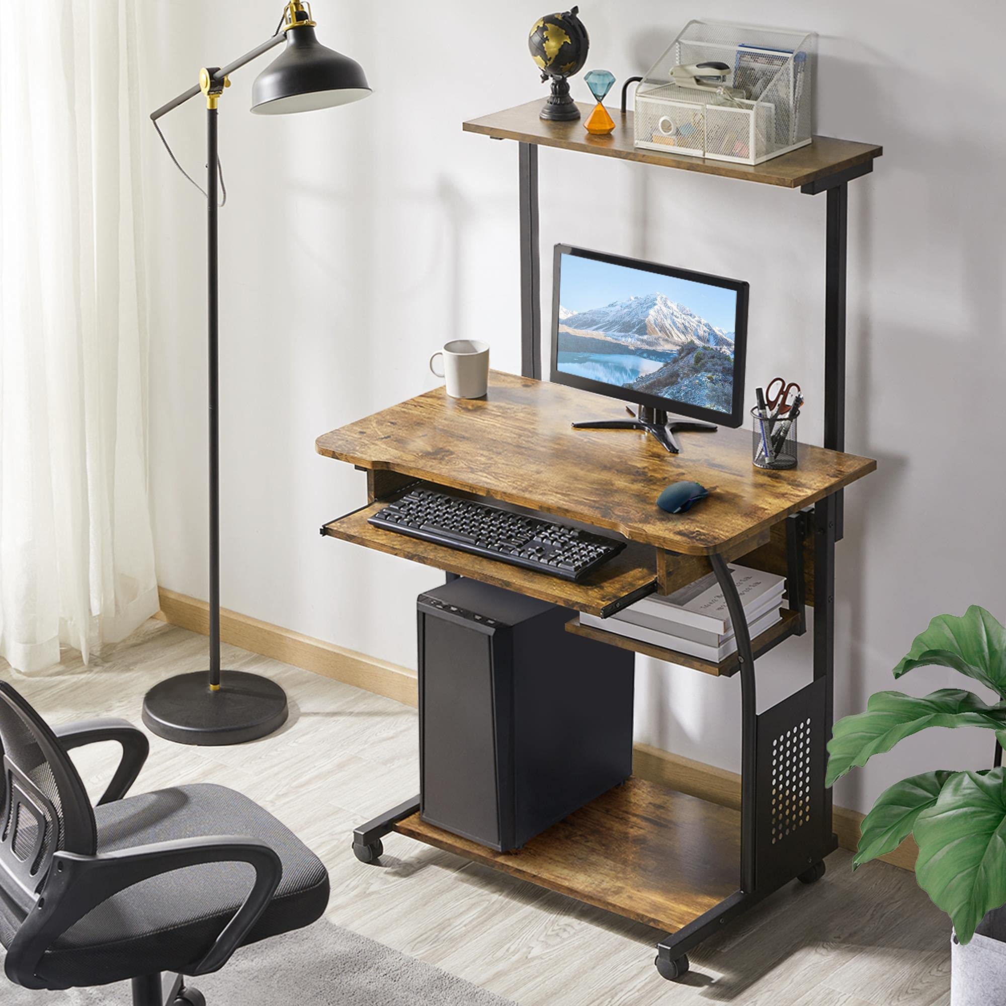 Yaheetech 3-Tier Rolling Computer Desk with Keyboard Tray & Printer Shelf - Compact Mobile Workstation for Home Office, Small Spaces & Gaming Setup - Rustic Brown Retro Style PC Laptop Desk for Work, Study & Creative Projects