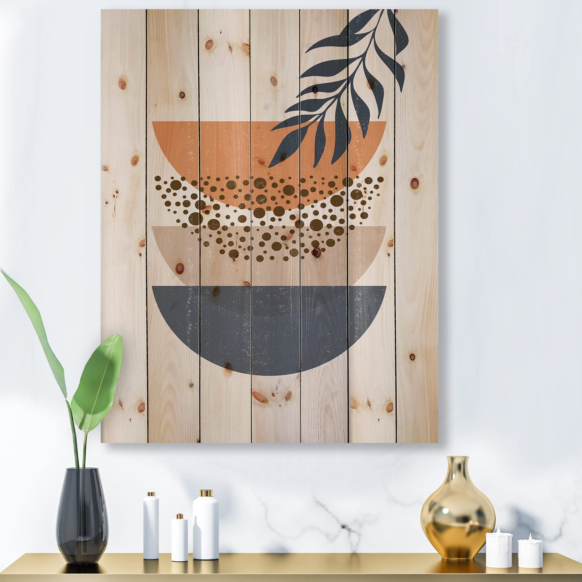 Abstract Sun Moon Leaf Wood Wall Art - Modern Pine Decor for Living Room