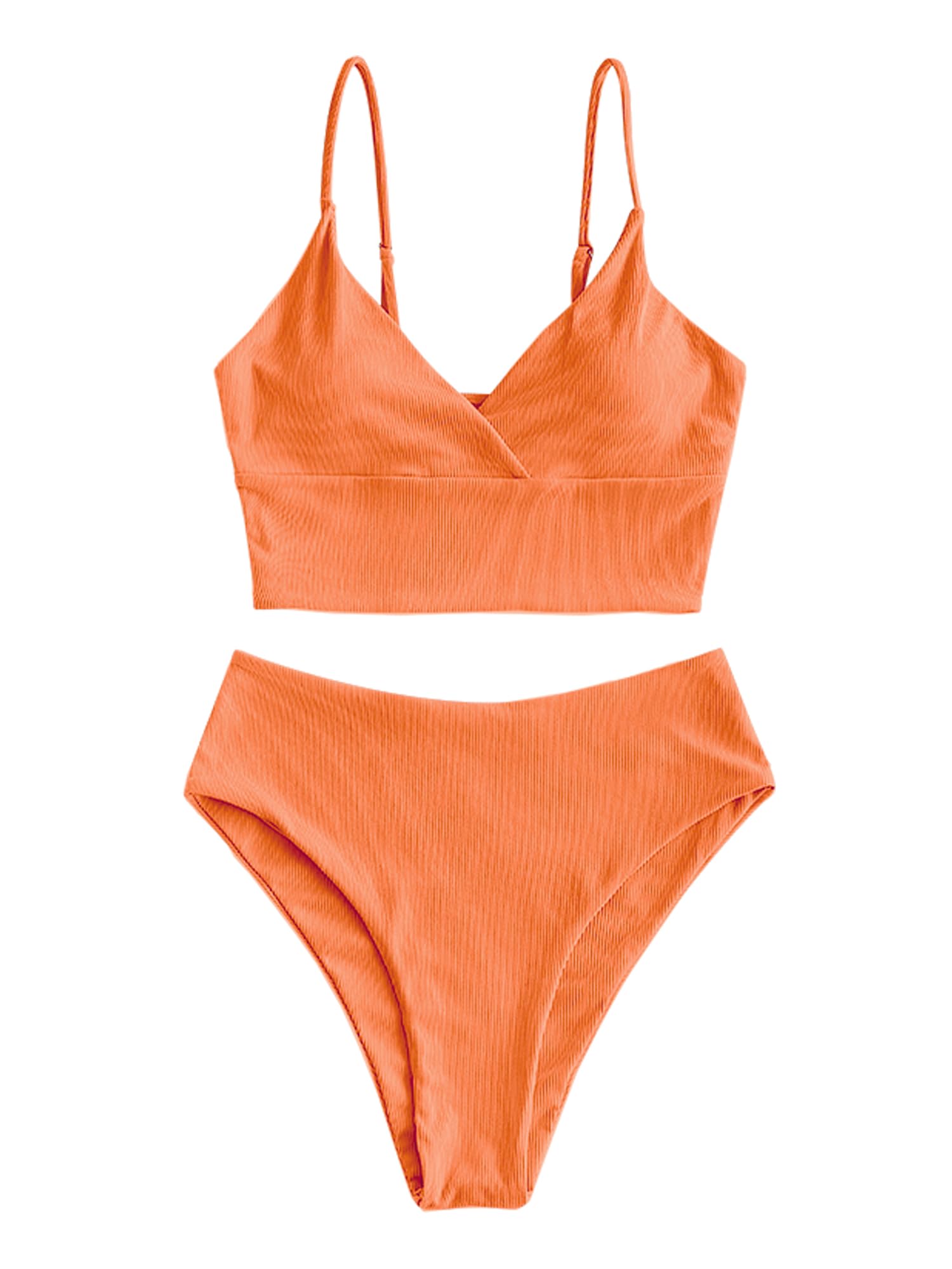ZAFUL Women's Ribbed High Cut Surplice Tankini Swimsuit Set with Spaghetti Straps - Sexy Two Piece Bathing Suit for Beach, Pool & Summer Vacation