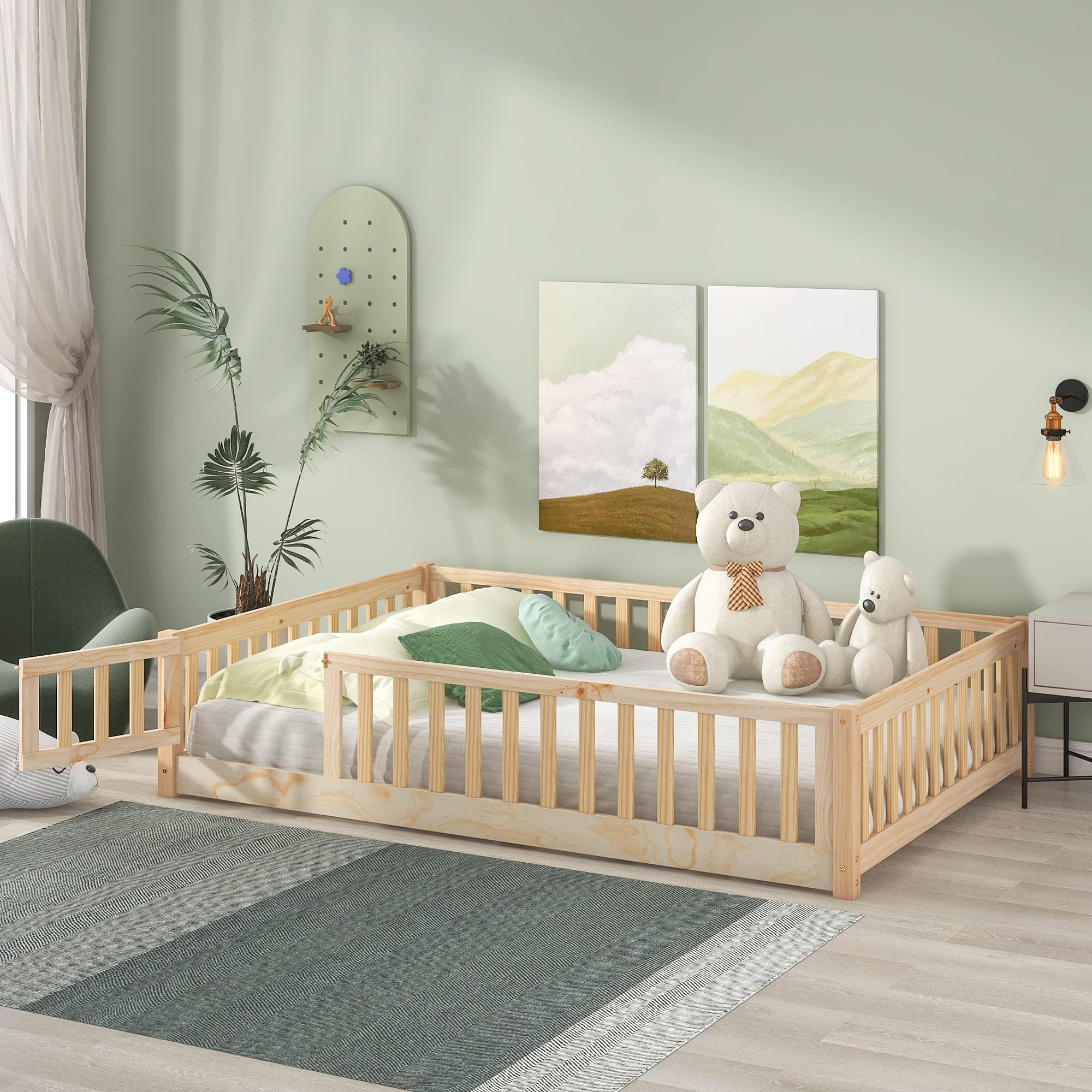 Montessori Full Size Floor Bed for Toddlers & Kids - Natural Wooden Platform Bed Frame with Safety Fence Guardrails & Door - Ideal for Montessori Bedrooms, Daycare Centers, and Safe Toddler Sleep Spaces