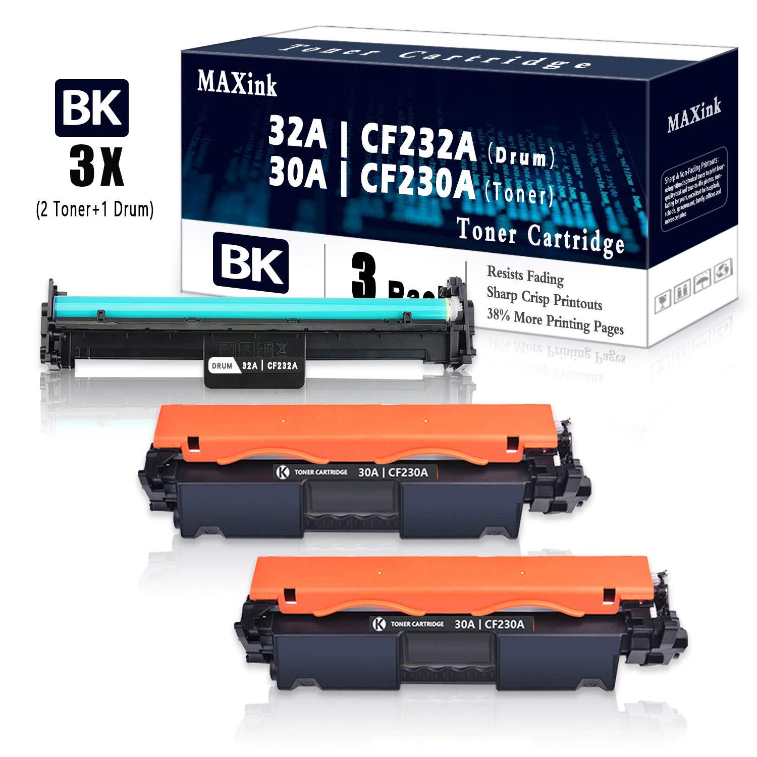 3 Pack Black (1 CF232A Drum + 2 CF230A Toner) Replacement Cartridge Compatible with HP Pro M203dn/M203dw/M203d/M227sdn/M227fdw/M227fdn & LaserJet Ultra MFP M230sdn/M230fdw Printers - High Yield Printing for Office & Home Use