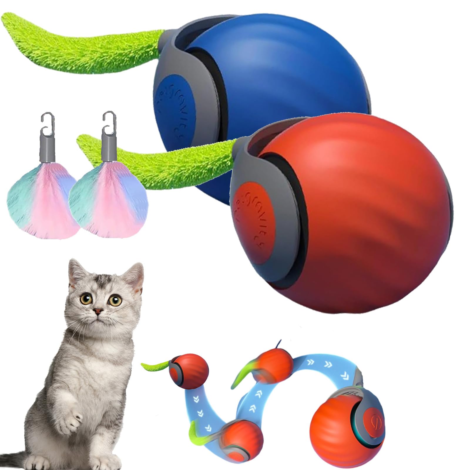 Speedy Tail 2.0 Automatic Interactive Cat Toy Ball - Motion Activated Rolling Ball with USB Rechargeable Smart Tail - Orange & Blue - Perfect for Indoor Play & Exercise