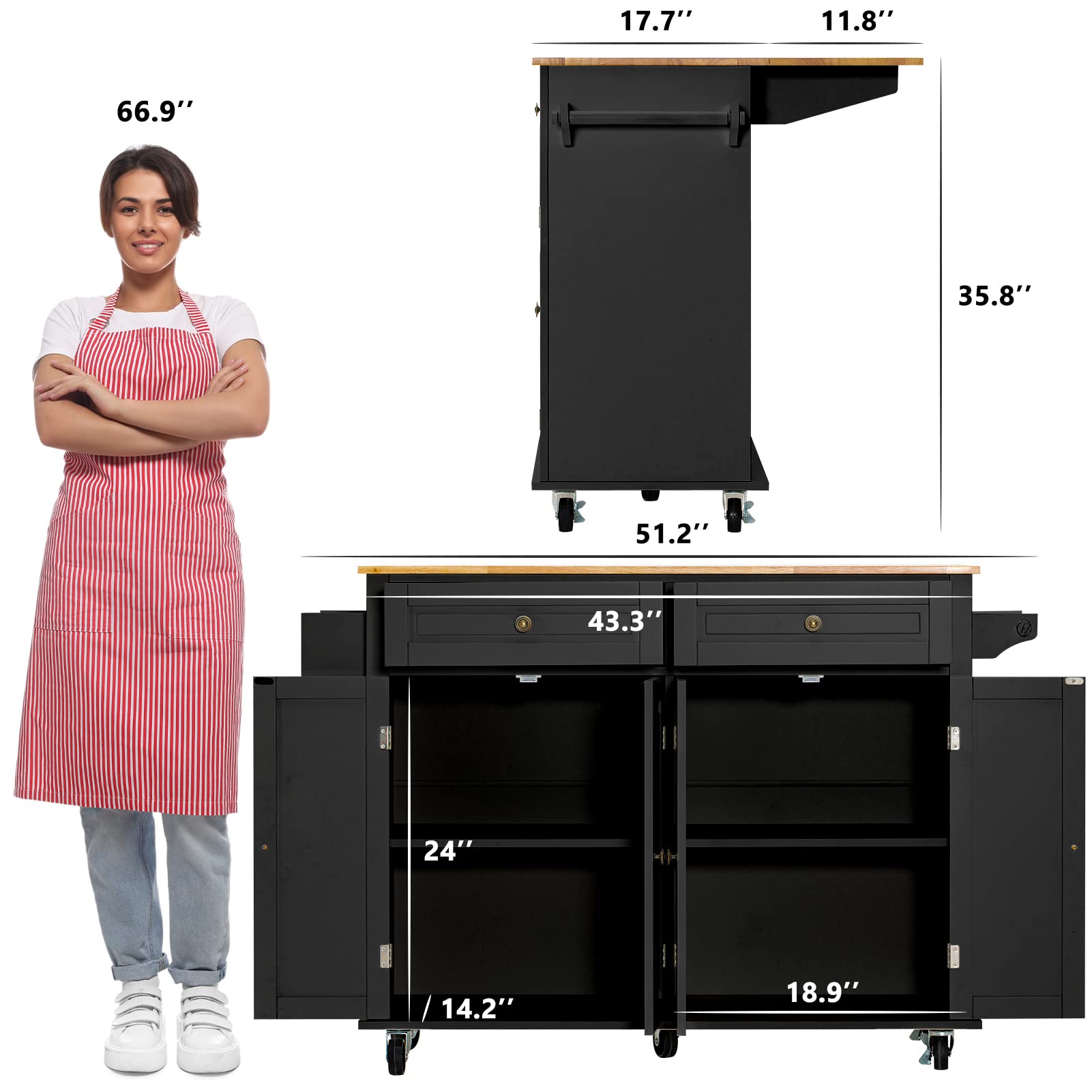 Rolling Kitchen Island with Drop Leaf - Mobile Kitchen Cart on Wheels with Storage Cabinet, Rubber Wood Top, Rack & Drawer - Matte Black for Small Spaces, Apartments & Home Cooking