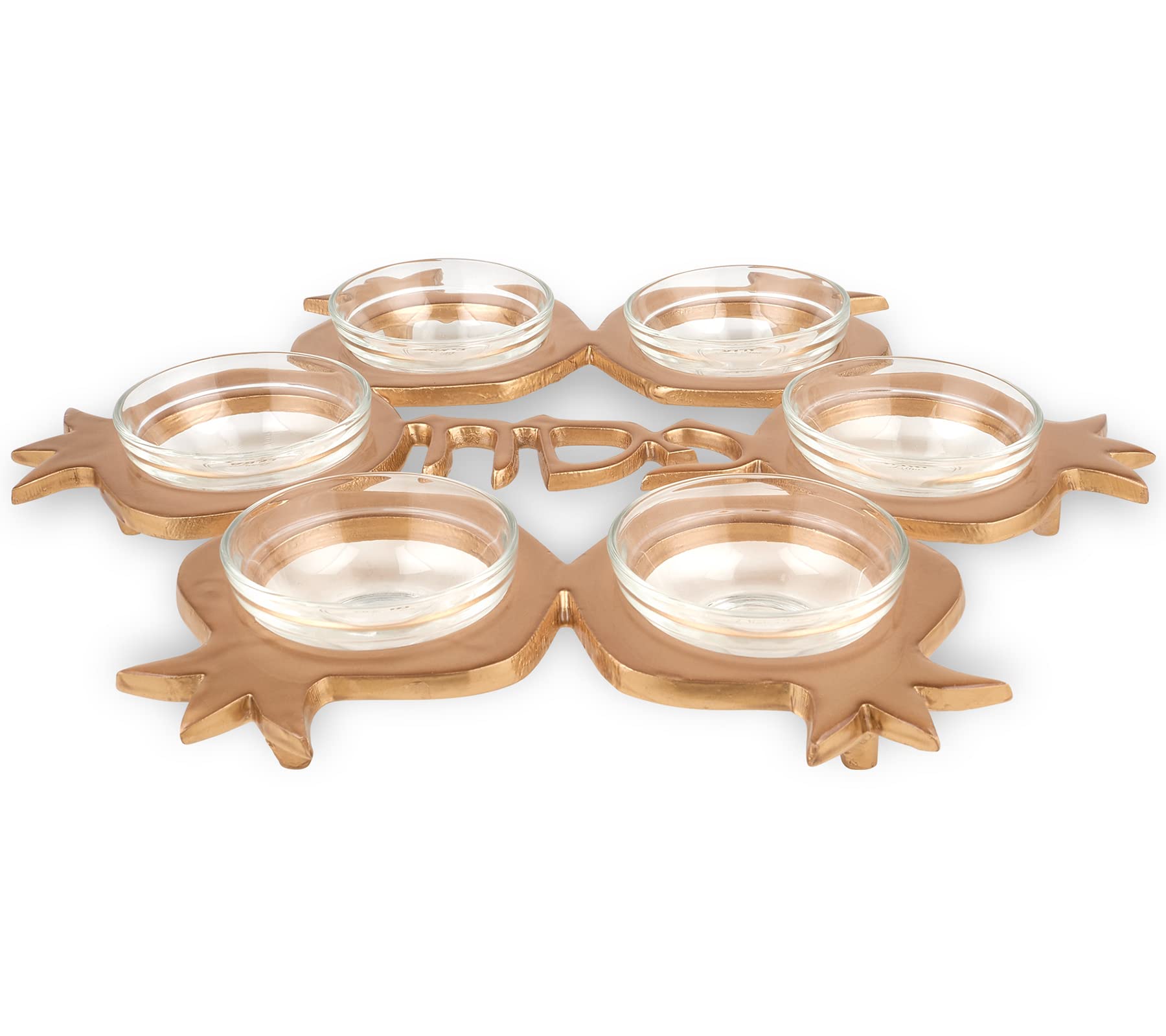 Gold Passover Seder Plate - Pomegranate Shaped Aluminum Tray with 6 Glass Dishes for Pesach Celebrations