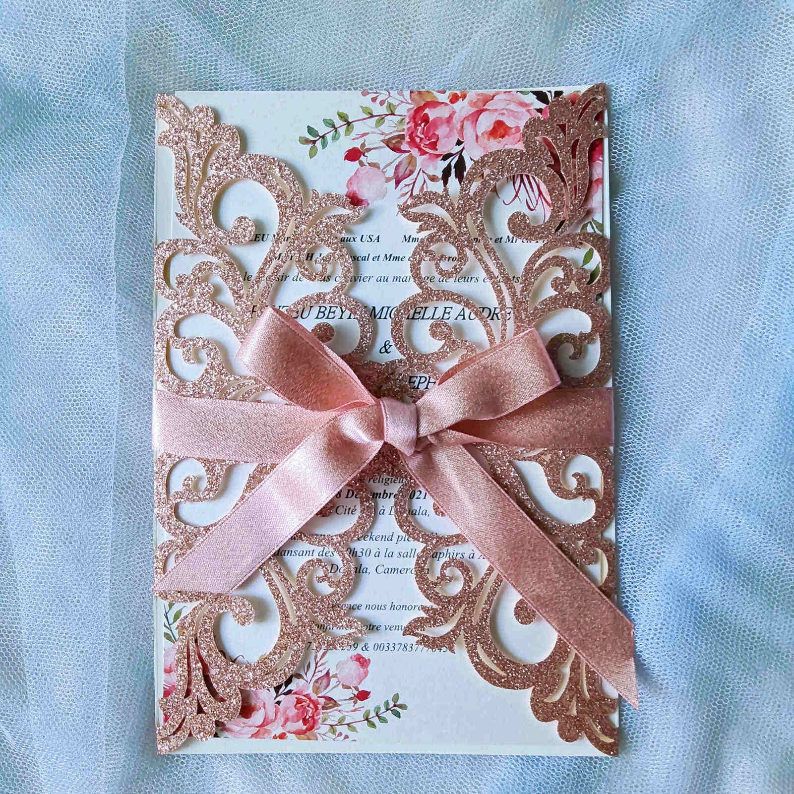 25PCS Rose Gold Laser Cut Wedding Invitation Cards with Envelopes - Blank Inner Sheets & Ribbons - Perfect for Wedding, Bridal Shower, Quinceañera, Engagement & Birthday Invites - Elegant Rose Gold Glitter Design - Great for DIY Crafting & Special Events