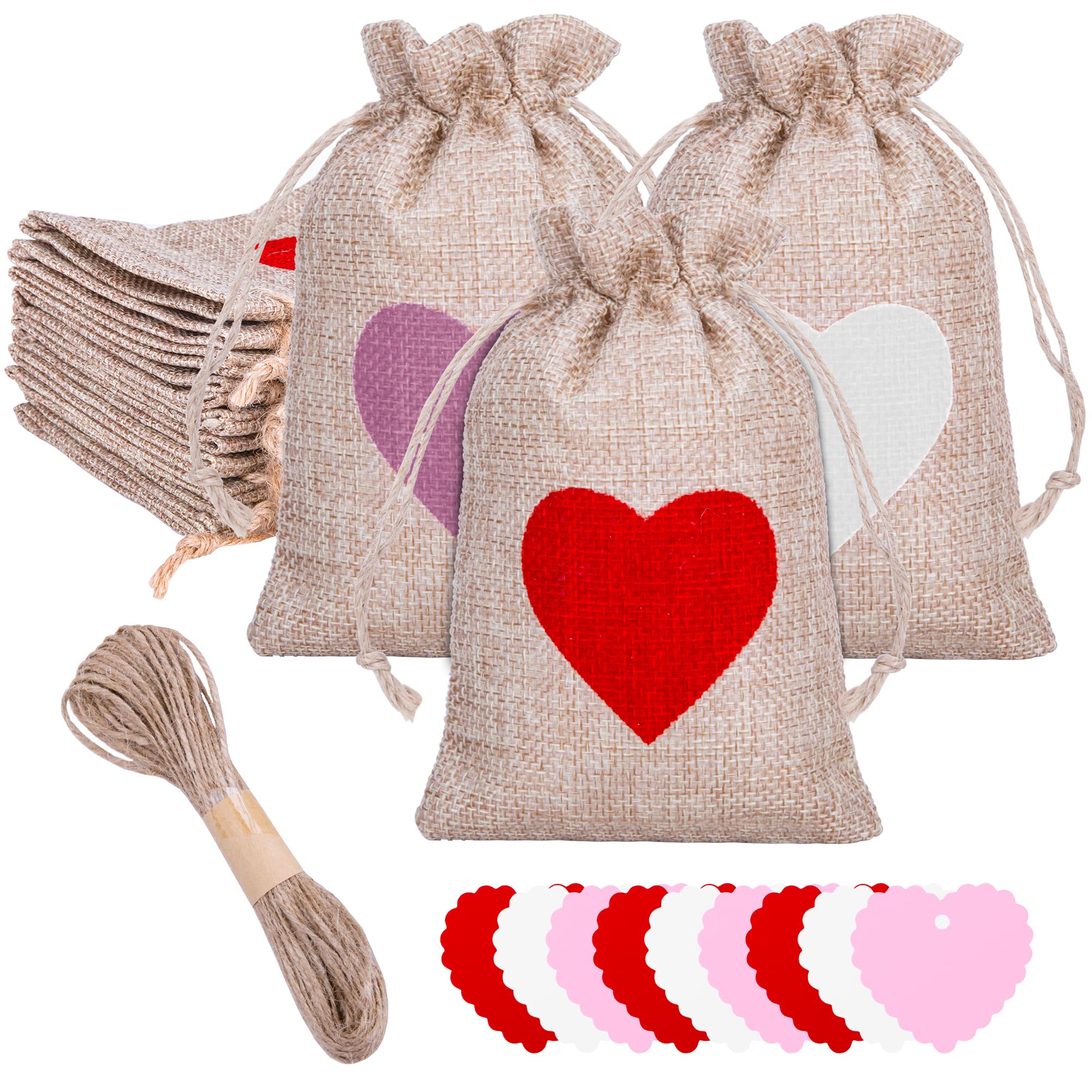 30 Pieces Heart Burlap Drawstring Bags - Valentine's Day Wedding Party Favors, Mother's Day Gift Bags with Tags & Rope for Candy, Jewelry, Wedding Favors - Perfect for DIY Crafts, Bridal Showers & Birthday Party Decorations