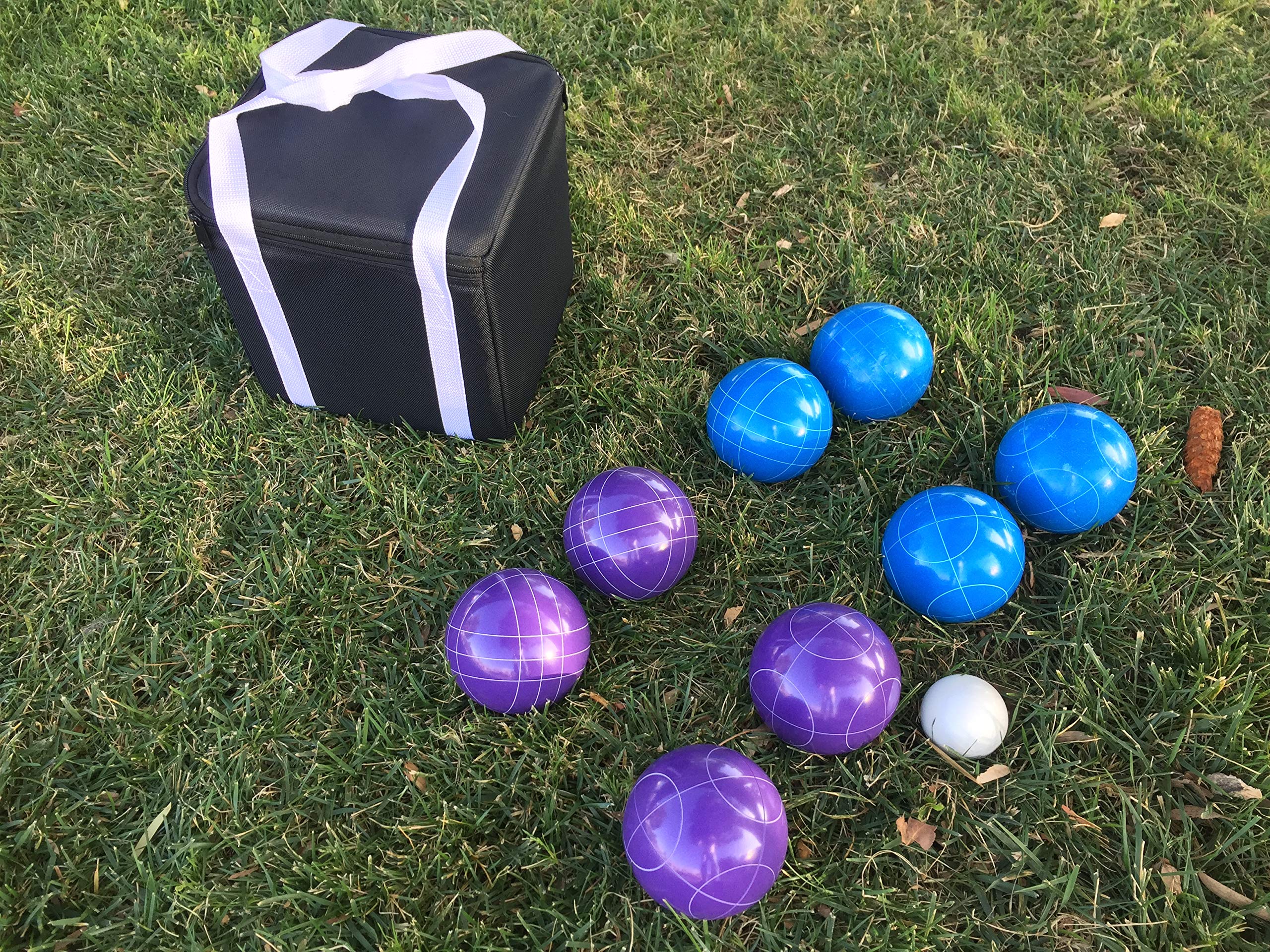 Premium 107mm Bocce Ball Set with Purple & Blue Balls - Durable Outdoor Game Set Includes Black Carrying Bag - Perfect for Backyard, Beach, Park & Tailgating Parties