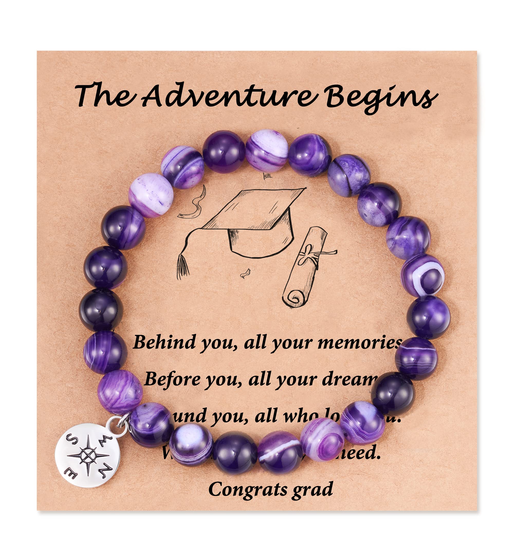 HGDEER Natural Stone Compass & Heart Bracelet Set - Graduation Gift for Women, Men, Girls & Boys - Perfect for Outdoor Adventures, Travel & Special Occasions