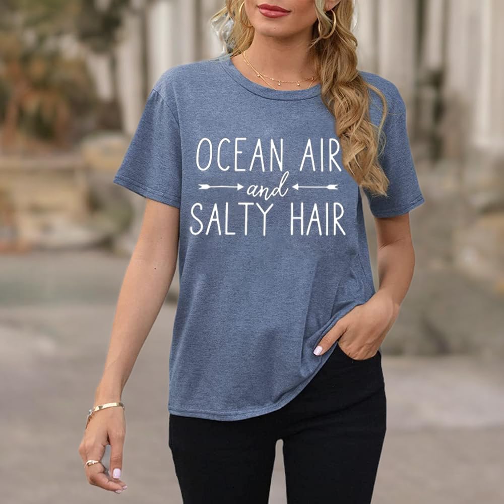 Ocean Air and Salty Hair Women's Graphic T-Shirt - Casual Short Sleeve Funny Top Tee for Beach, Vacation & Summer Outfits | Athletic Fit Cotton Shirt