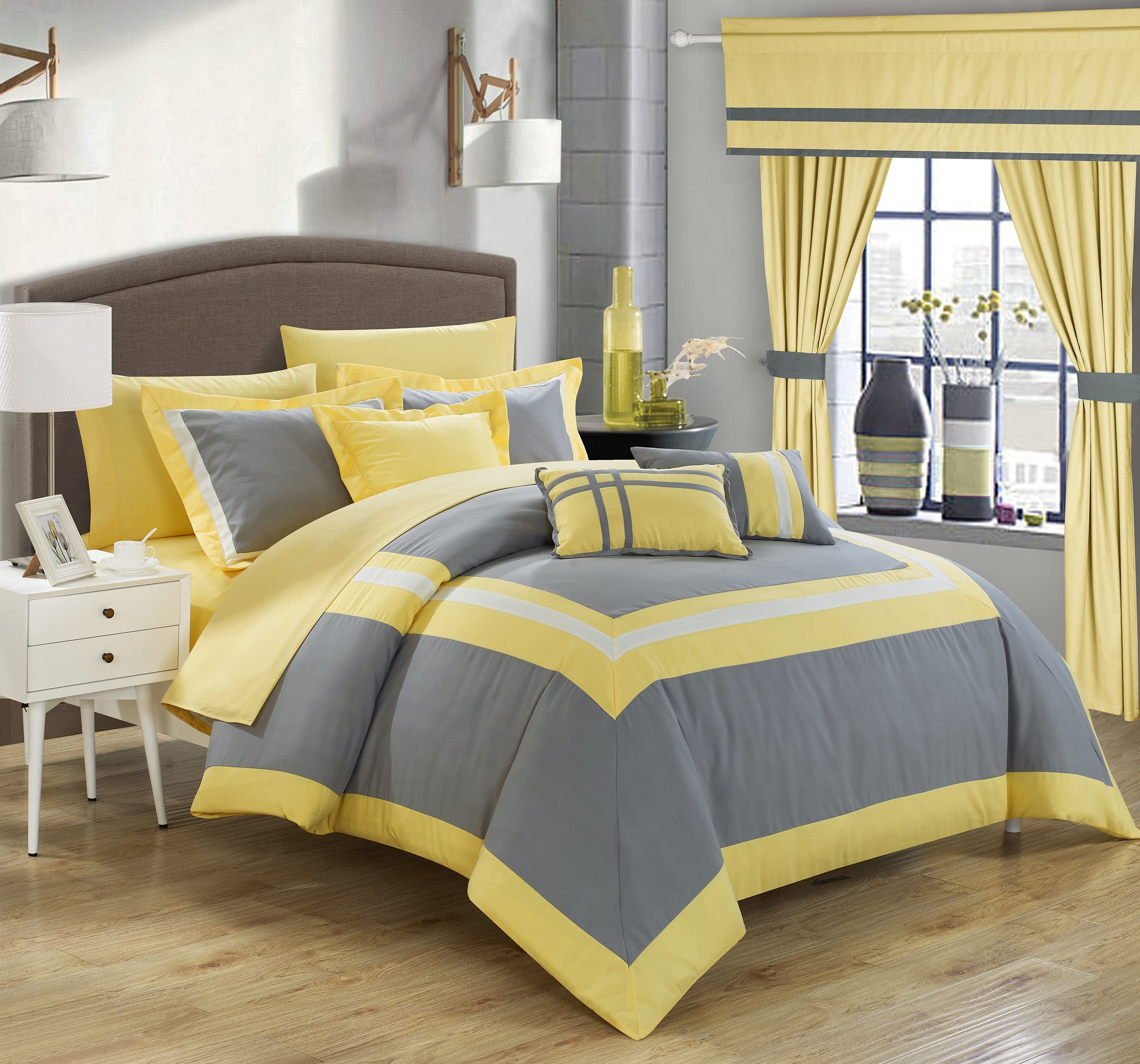 Chic Home Ritz 20-Piece King Size Comforter Set - Silver Color Block Bedding in a Bag with Sheets & Curtains (CS4112-AN) | Complete Luxury Bedroom Decor for Master Bedroom, Guest Room, or Dorm
