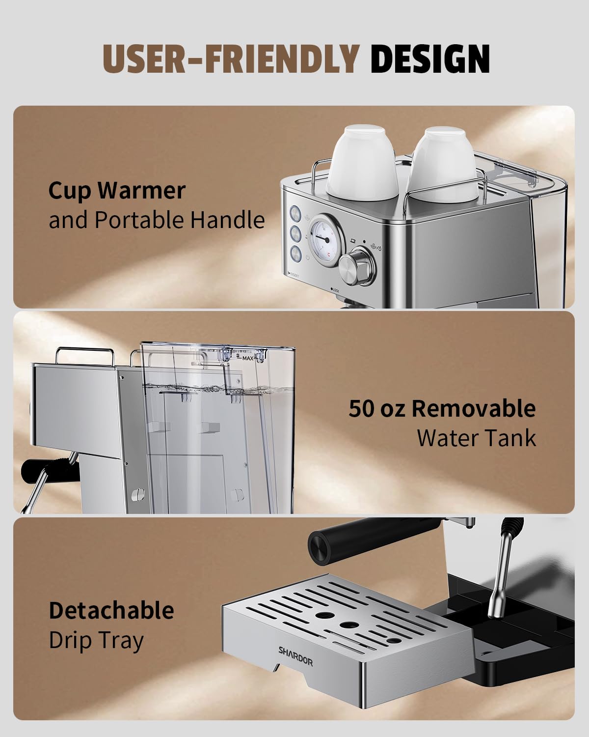 SHARDOR 20 Bar Pressure Espresso Machine with Milk Frother - Fast Heating Professional Coffee Maker for Home - Stainless Steel Latte & Cappuccino Maker with 50oz Removable Water Tank (1100W) - Perfect for Coffee Shops, Offices & Home Kitchens