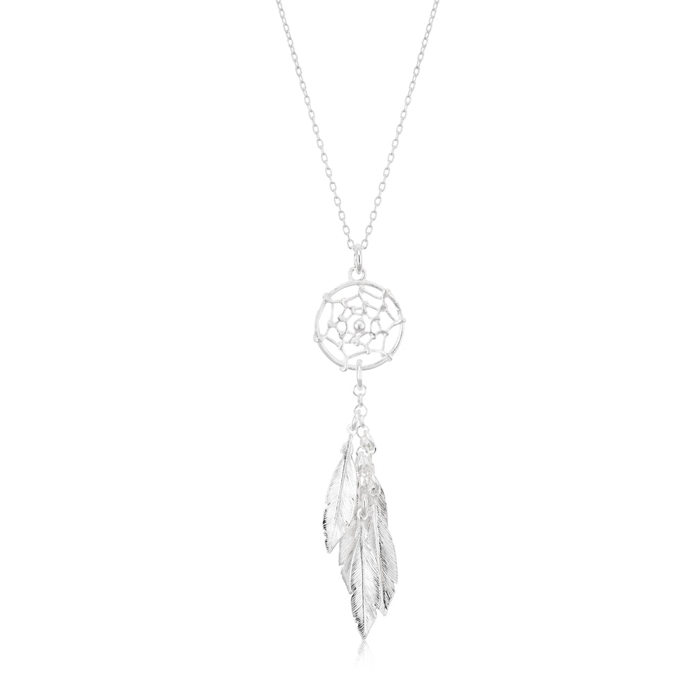 41cm Sterling Silver Multi Feather Dreamcatcher Drop Pendant Necklace - Boho Chic Jewelry for Women, Perfect for Festivals, Yoga & Spiritual Healing