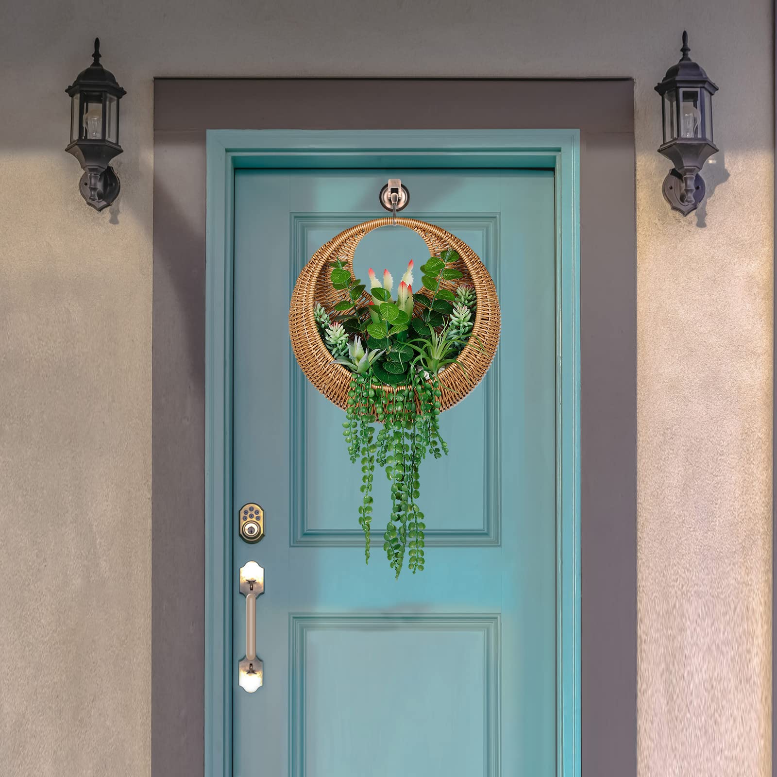 Artificial Succulent Hanging Plant in Woven Basket - Boho Wall Decor & Door Wreath - Fake Hanging Plants for Living Room, Bedroom, Bathroom, Home & Office - Perfect for Bohemian Home Decor, Wedding Backdrops, and Cozy Indoor Spaces