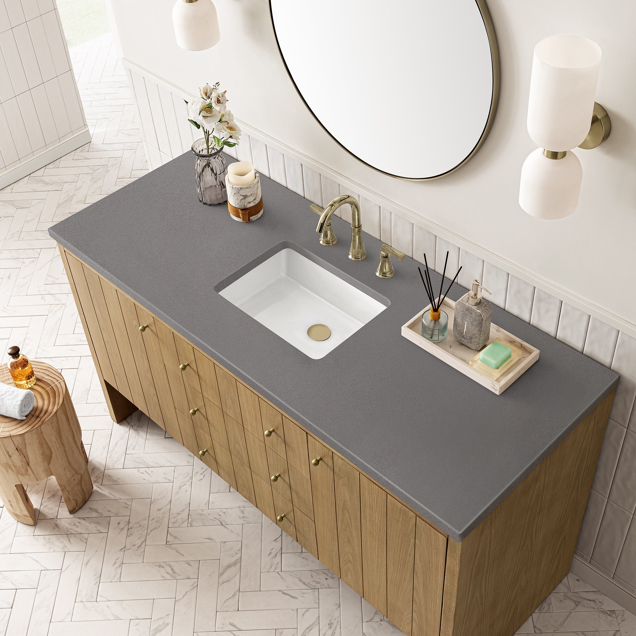 Hudson 60 Inch Single Bathroom Vanity with Light Natural Oak Finish and 3CM Grey Expo Top - Perfect for Modern Bathroom Renovations and Home Upgrades