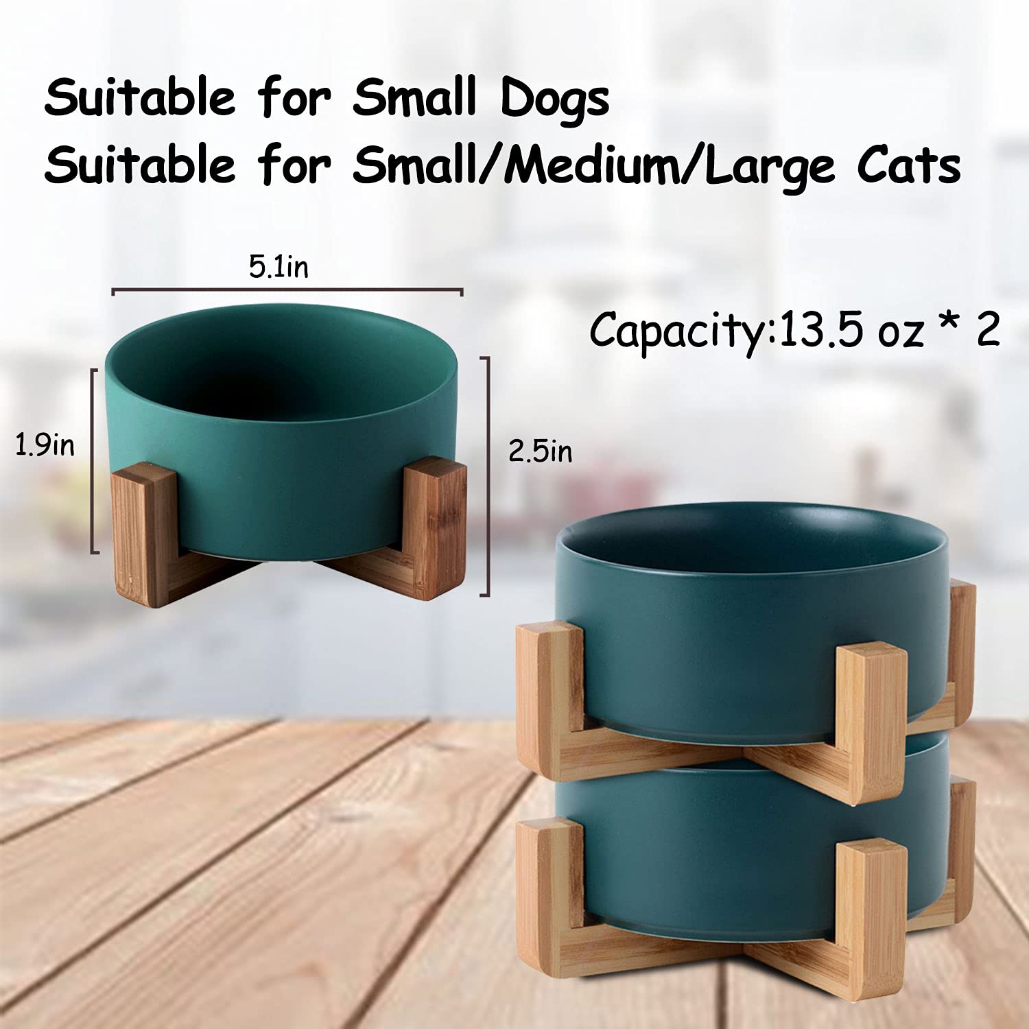 **Petygooing Green Ceramic Elevated Dog Bowl Set with Stand - 13.5oz Small Pet Food & Water Dishes for Cats & Dogs - Non-Slip Dual Bowl Feeder for Puppies & Kittens - Perfect for Home, Travel & Vet Visits**