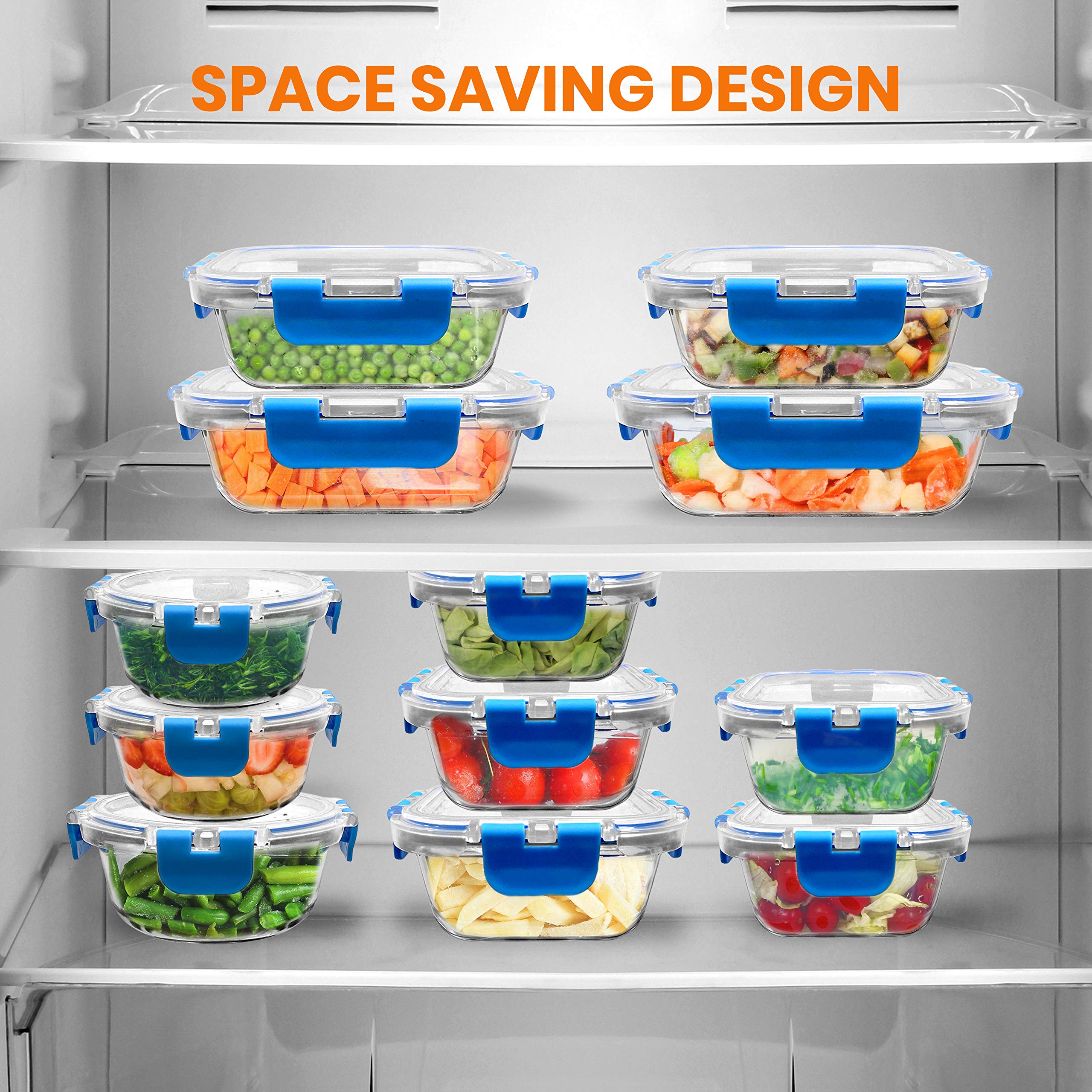 NutriChef 12-Piece Glass Food Storage Containers Set with Airtight Lids - BPA-Free Stackable Meal Prep Containers for Kitchen, Office & Travel - Microwave, Freezer & Dishwasher Safe - Ideal for Meal Prep, Leftovers, Snacks, Fruits & Salad Storage (Blue)