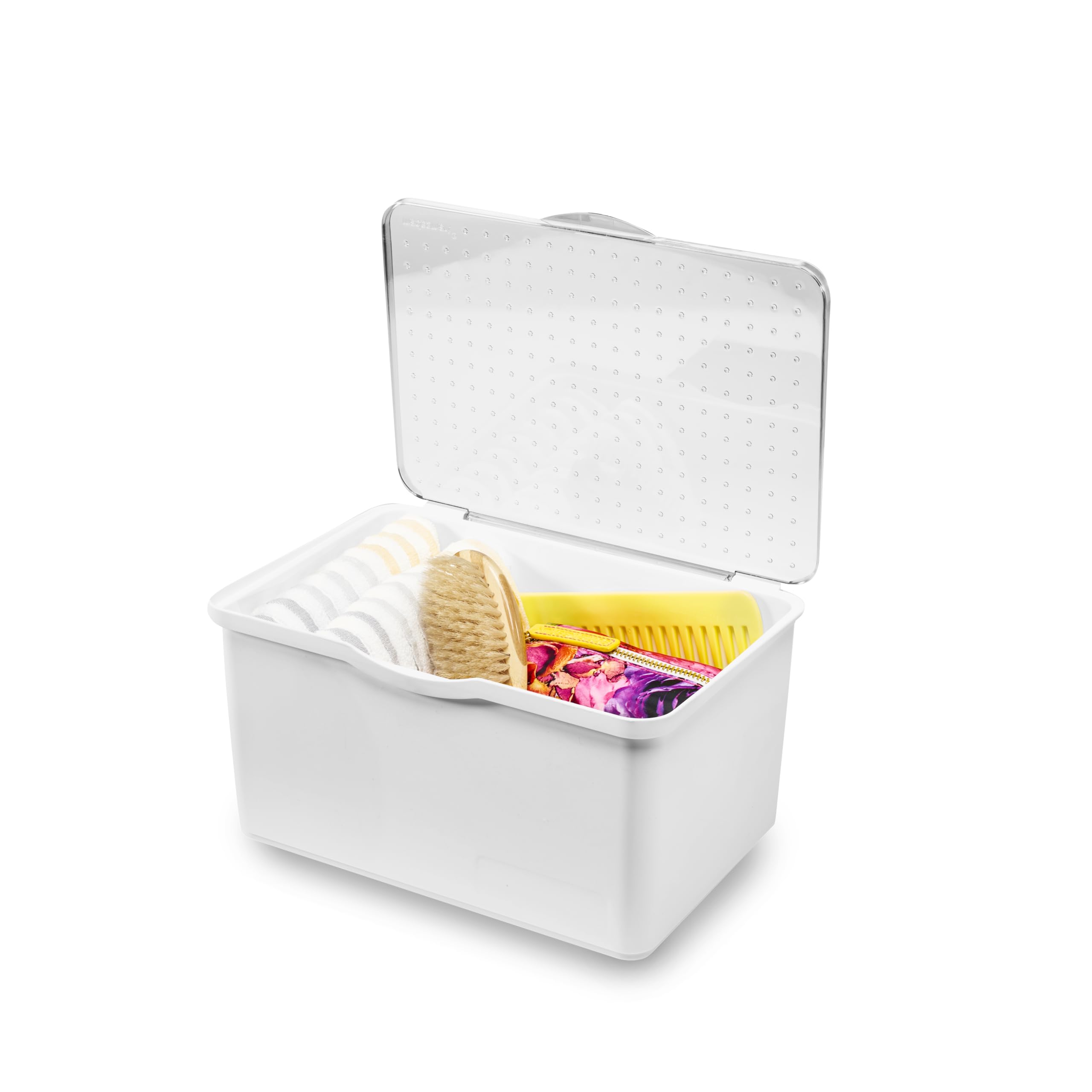 Madesmart Medium Stacking Lid Storage Bin - White Plastic Bathroom Organizer with Dry-Erase Label Space | Perfect for Bathroom Shelves, Under Sink Storage & Closet Organization