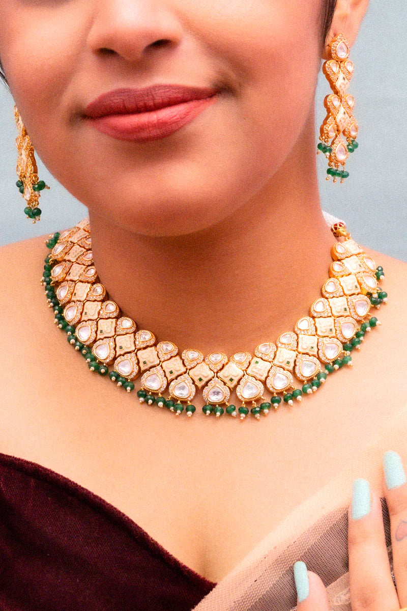 Luxury Gold Plated Royal Kundan Necklace and Earrings Set for Women - Indian Bridal Jewelry, Wedding Party Accessories, Ethnic Fashion Statement