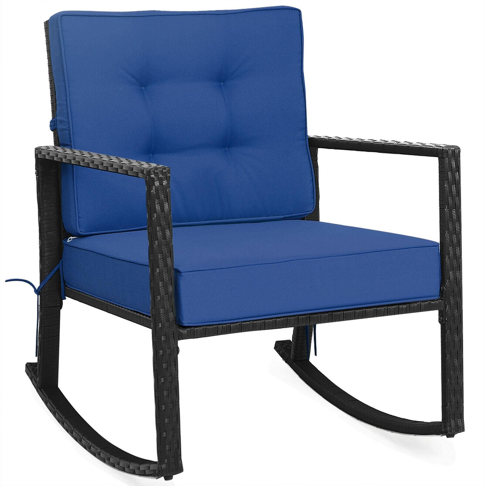 Patio Rattan Rocker Chair - Outdoor Glider Rocking Chair with Navy Cushion, Mikalo Style Lawn Chair for Porch, Garden & Backyard Relaxation | Perfect for Camping, Lounging & Outdoor Entertaining