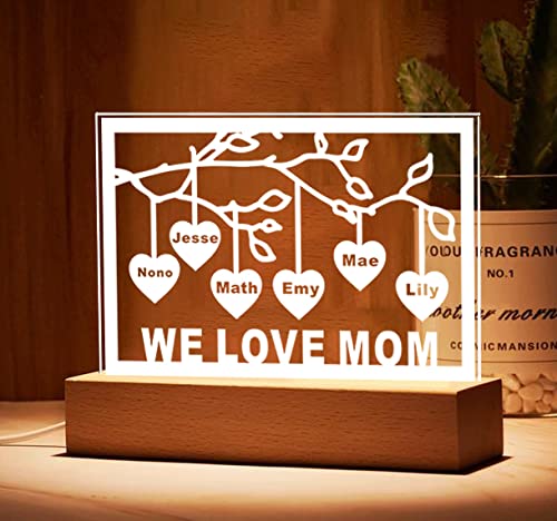 Personalized Custom Name Family Tree Acrylic Night Light - Heart-Shaped LED Home Decor Gift for Christmas, Mother's Day, Kids & Family - Perfect for Nursery, Bedroom & Living Room Decorations