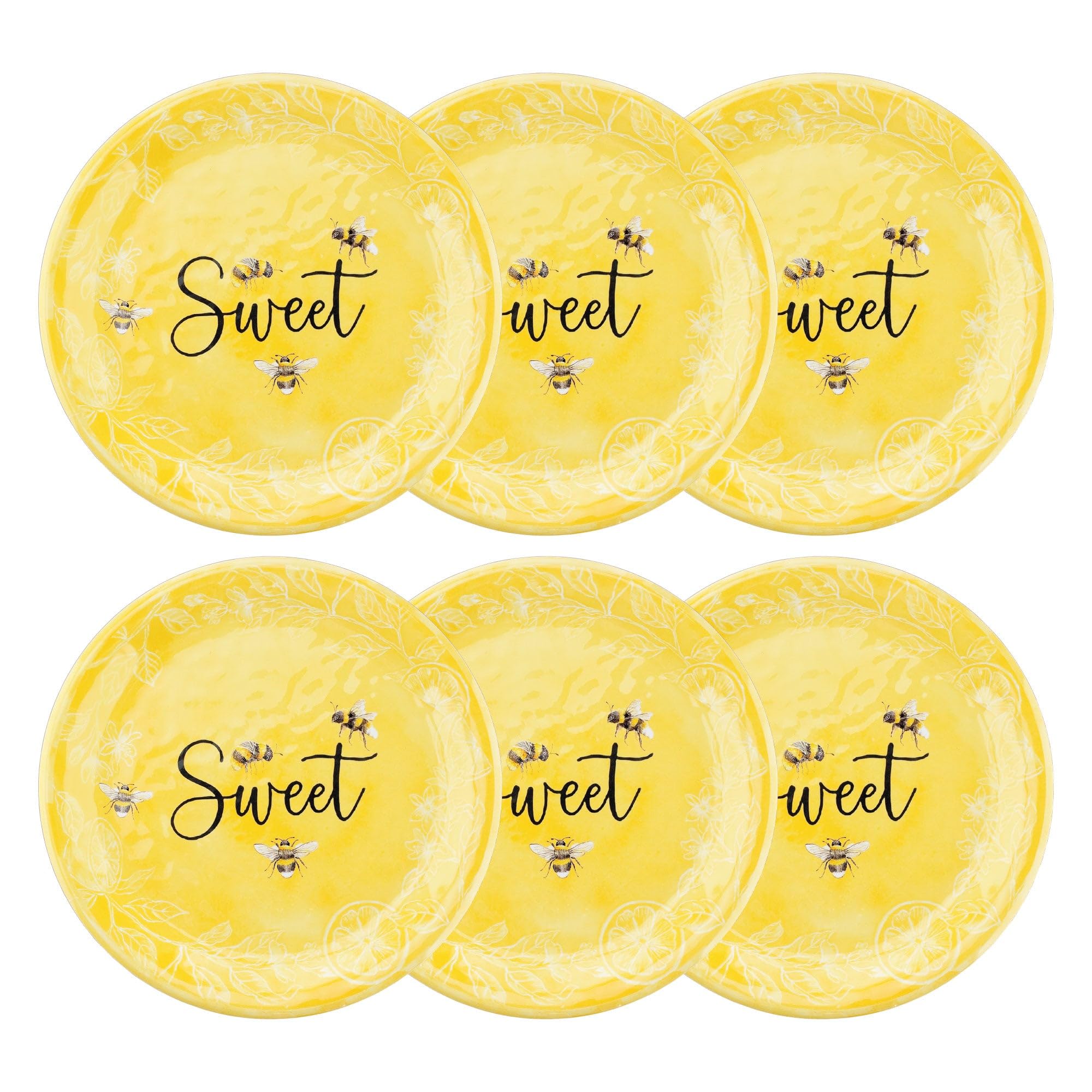 UPware 6-Piece BPA-Free Melamine Salad Plate Set - 9 Inch Round Dishwasher Safe Plates for Risotto, Pasta, Salad & Desserts - Sweet Bee Design - Perfect for Dinner Parties, Picnics & Outdoor Dining