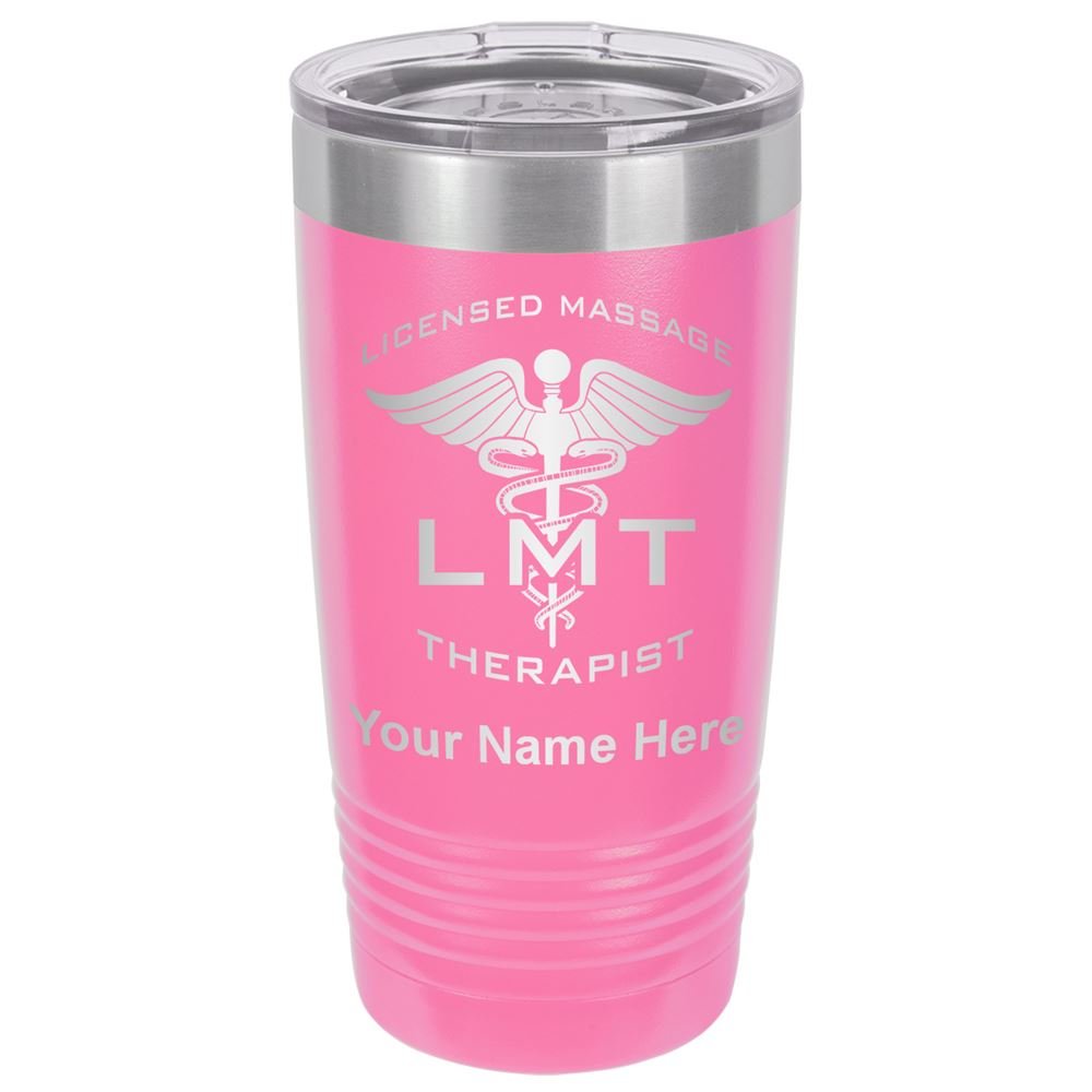 LaserGram 20oz Vacuum Insulated Stainless Steel Tumbler Mug with Lid - Personalized Engraved Gift for LMT Licensed Massage Therapists - Hot & Cold Drink Cup for Office, Gym, Travel (Pink)
