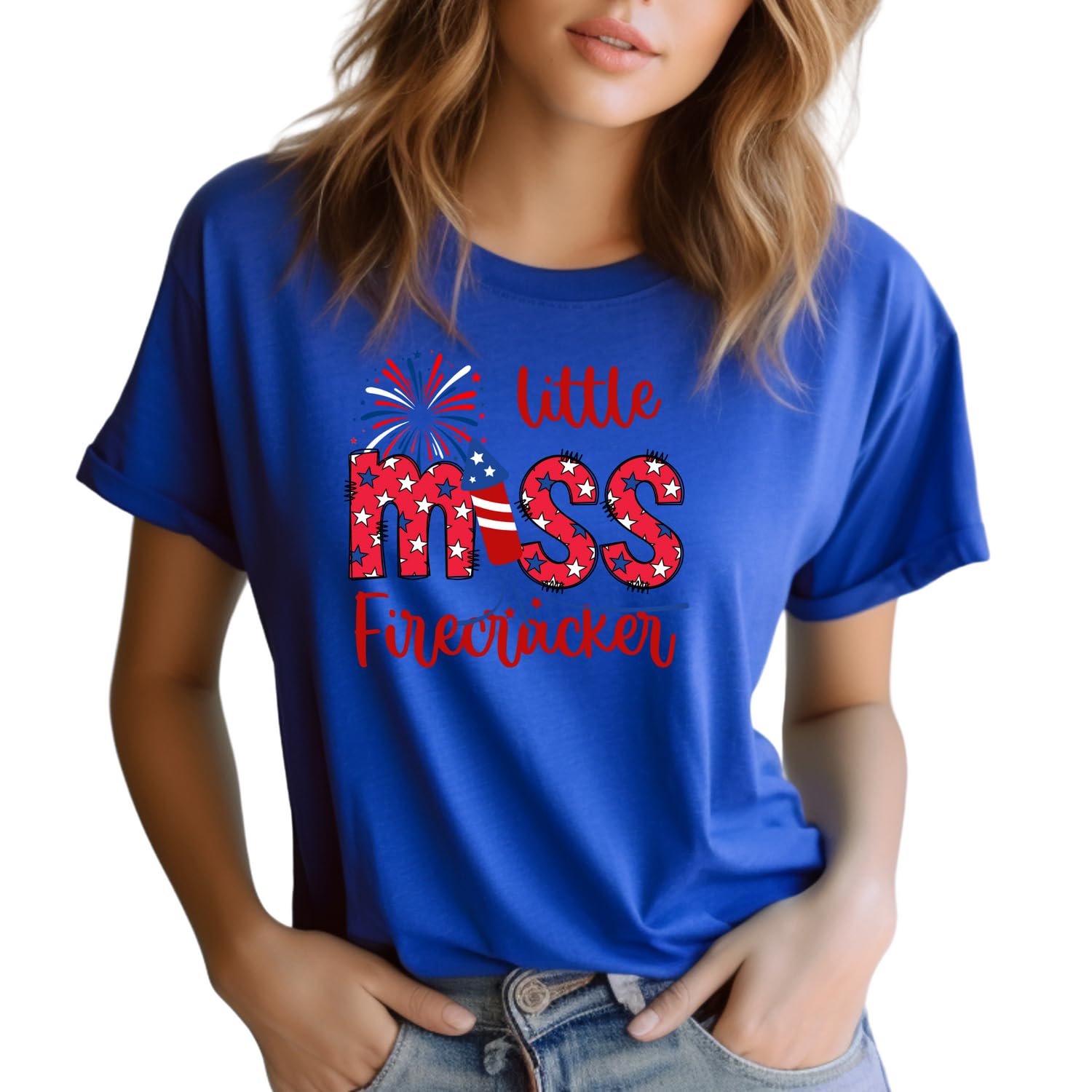 Little Miss Firecracker T-Shirt | 4th of July Patriotic Shirt for Women | American Flag Independence Day Top | Freedom Firework Graphic Tee | Family Matching Outfits for BBQ & Festivals (Medium, True Royal Blue)